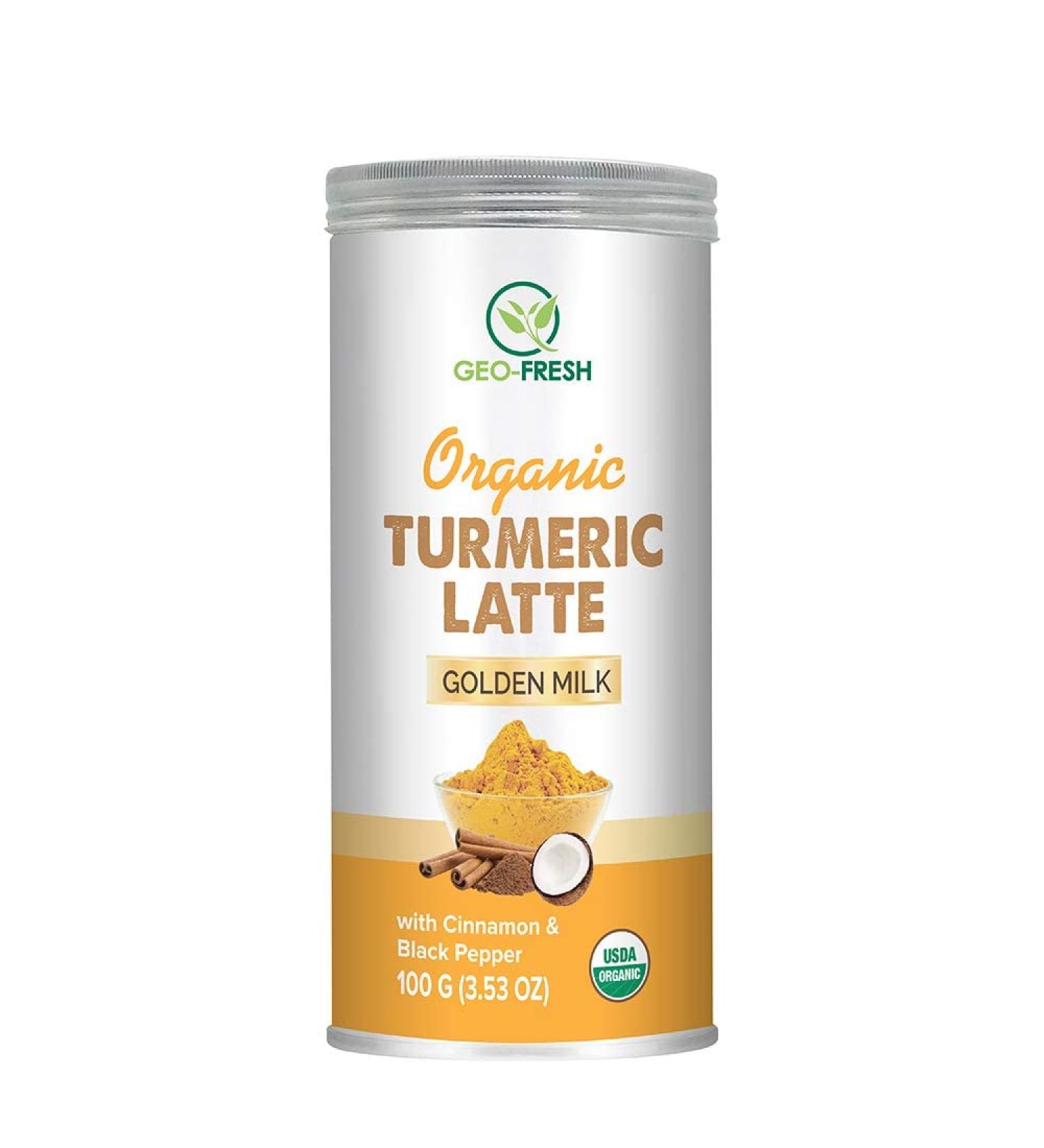 Geo-Fresh Organic Turmeric Latte Mix - 100G | with Cinnamon & Black Pepper | USDA Certified Golden Milk | Vegan | Haldi doodh | Herbal Brew Iced or Serve Hot Higher Curcumin Detox - Buy Online on GoSupps.com