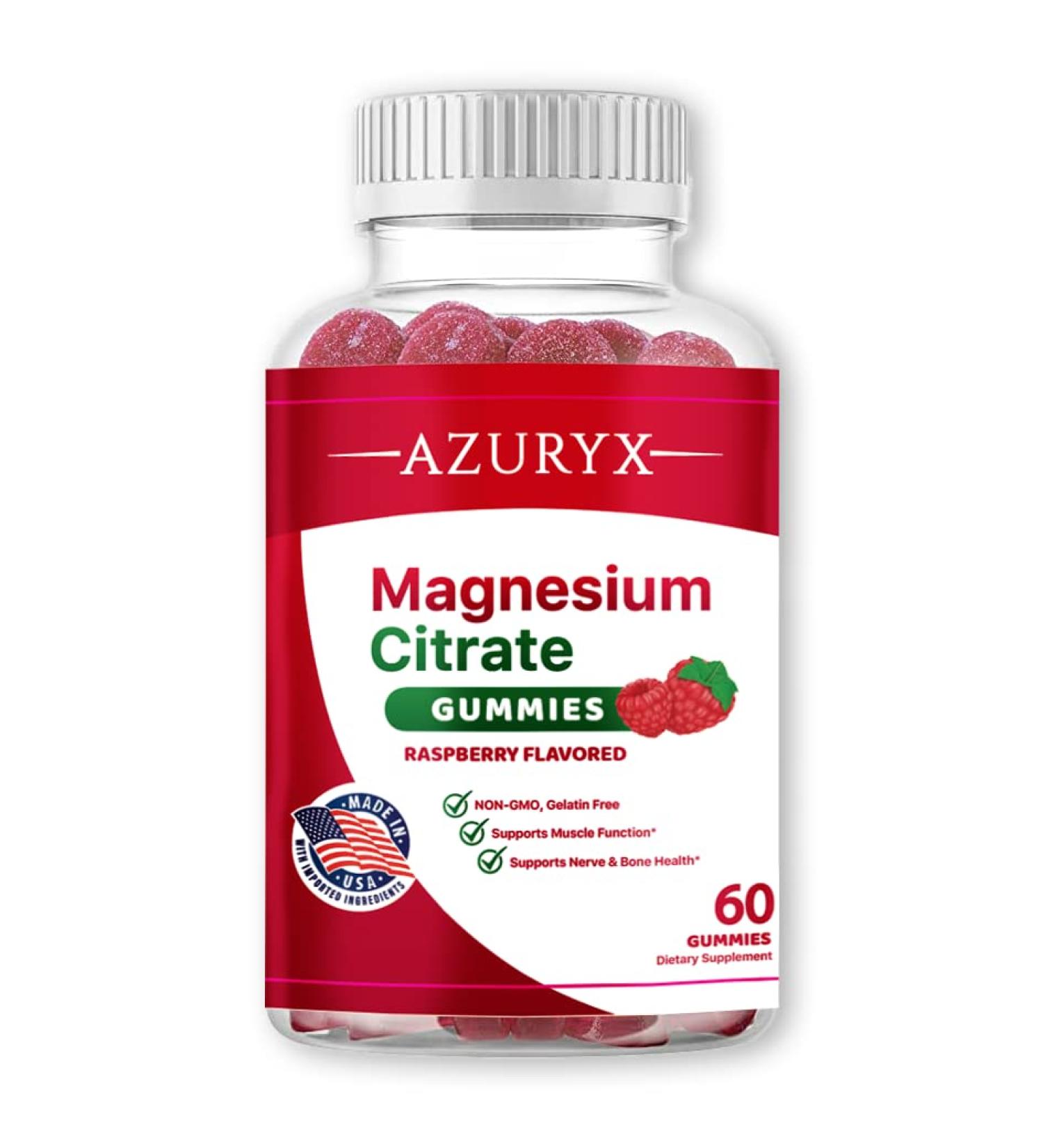 Azuryx Magnesium Citrate Gummies - Muscle, Nerve, Bone Health, Stress Relief - Raspberry Flavor, 60 Gummies - Buy Online on GoSupps.com