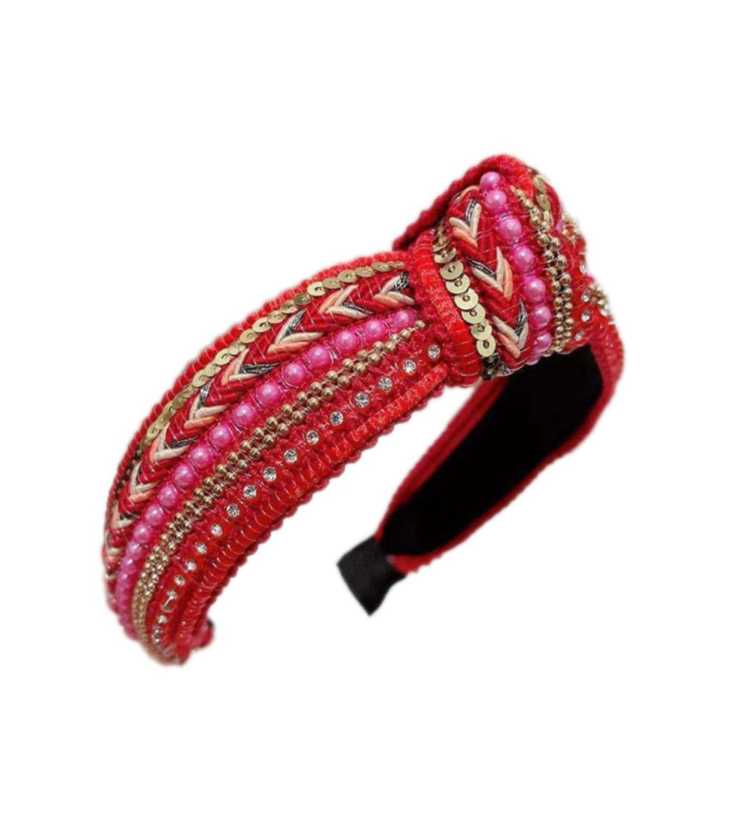 Sequin Beads Rhinestone Fabric Headbands with Knot Hair Band for Women Wide Retro Headband Hair Band Fabric Hair Bands Hair Accessories Headband for Women Girls Red - Buy Online on GoSupps.com