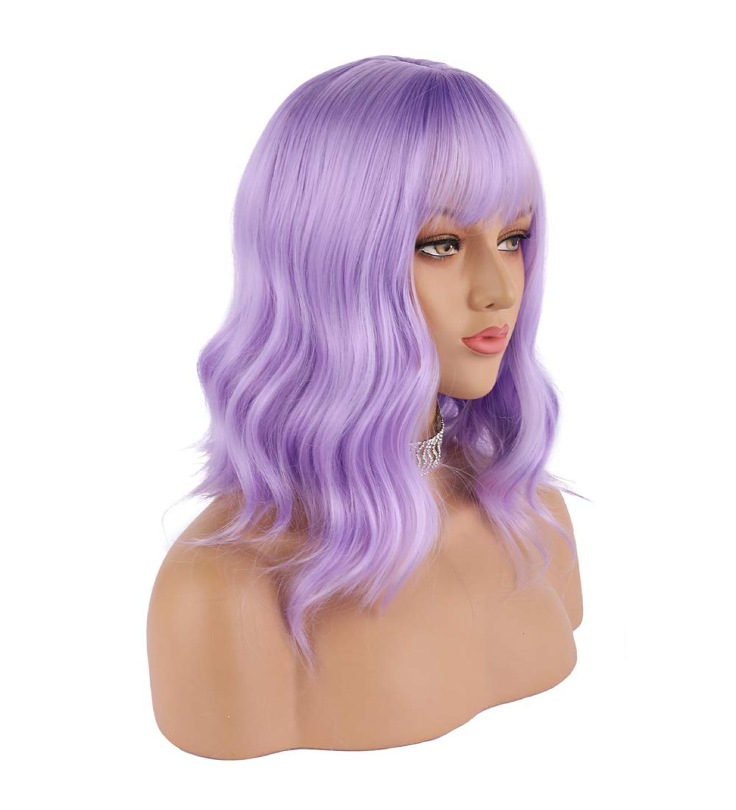 eNilecor Lavender Purple Short Wavy Bob Wig with Air Bangs - 12 Natural Colorful Wig for Women - Buy Online on GoSupps.com
