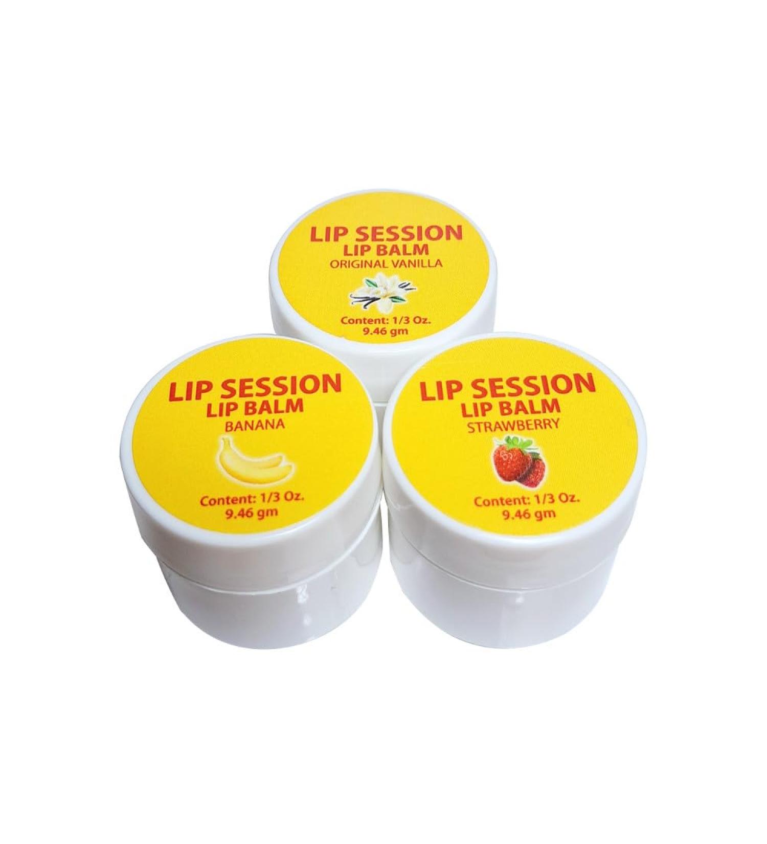 Lip Session Lip Balm Assorted Flavors 3 Pack of Jars .33 Oz. - Vanilla (Original) Strawberry & Banana with Vitamin E & Cocoa Butter - Soothes Dry Cracked or Chapped Lips 1 - Buy Online on GoSupps.com