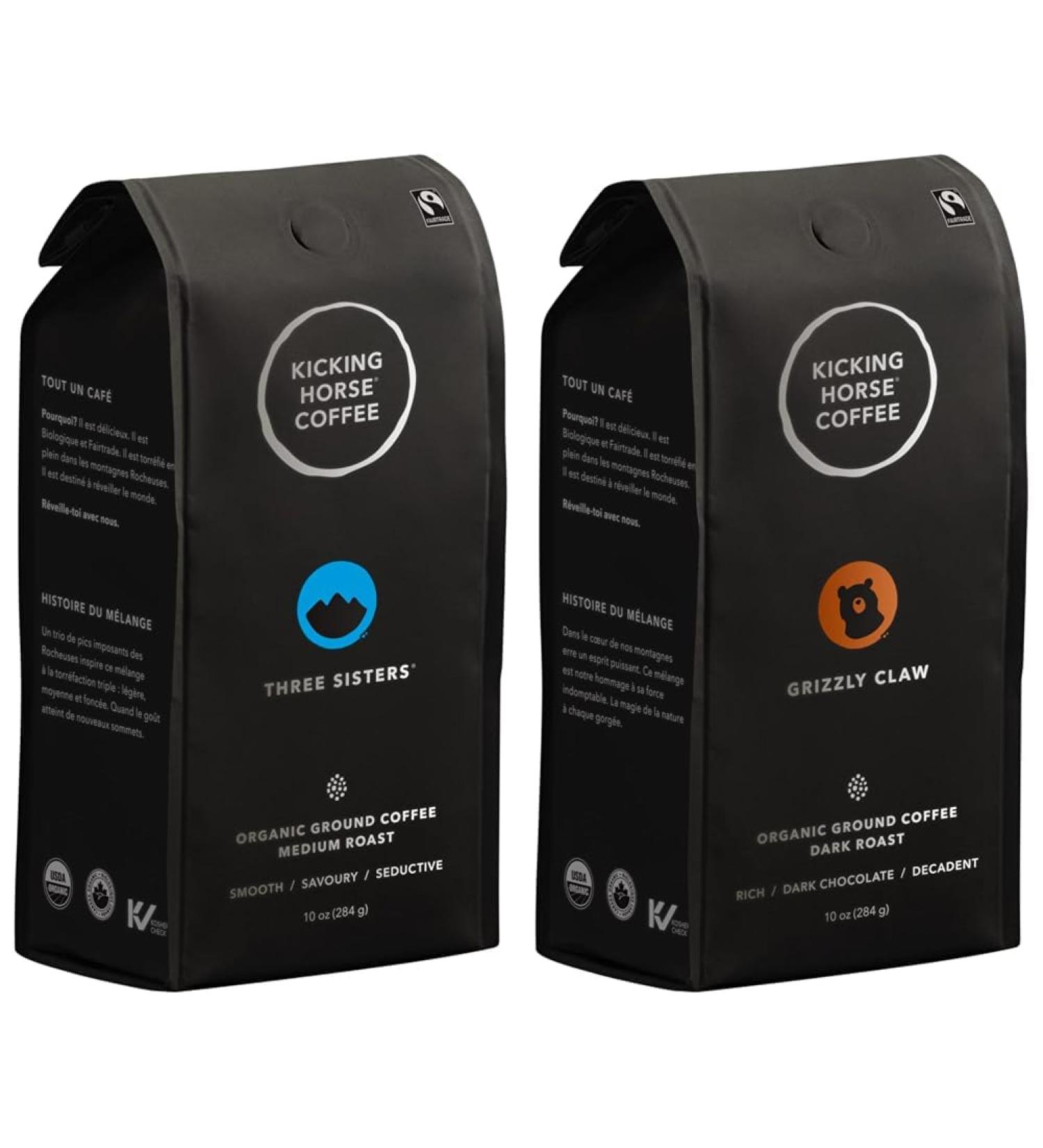 Kicking Horse Coffee - Three Sisters Blend Ground 100% Arabica Coffee Medium Roast All Organic & Fairtrade 284 g & Grizzly Claw Blend Ground 100% Arabica Coffee Three Sisters + Grizzly Claw 284.00 g (Pack of 1) - Buy Online on GoSupps.com