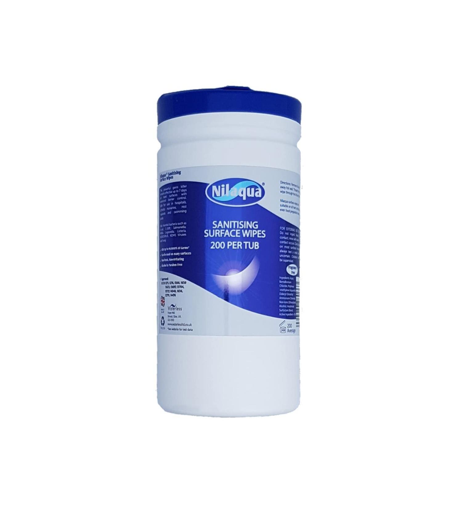 Nilaqua Sanitising Surface Wipes Alcohol Free and Fragrance Free All-Purpose and Non-Tainting 200 Per Tub
