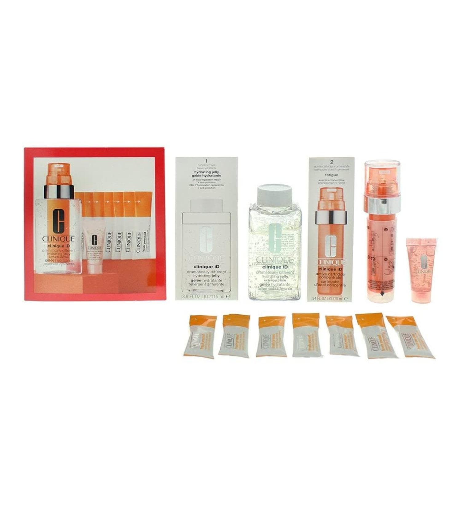 Clinique 4 Piece Gift Set: Hydrating Jelly 115ml – Fatigue Concentrate Cartridge 10ml – 7 Packets of Cleansing Powder – Hydro-Filler Concentrate 5ml Cream