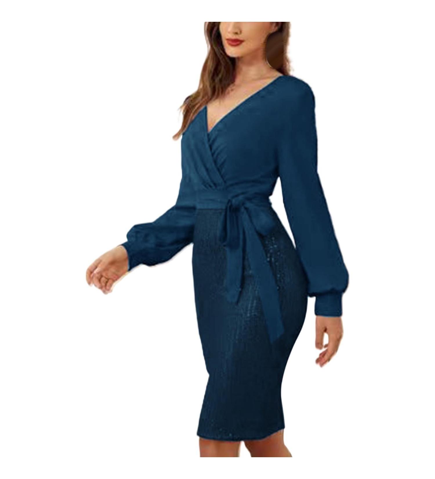 Shop Hanxiulin Ladies Cocktail Dress - Glitter Long Sleeve Festive Evening Dresses with Sequins in Blue - Buy Online on GoSupps.com