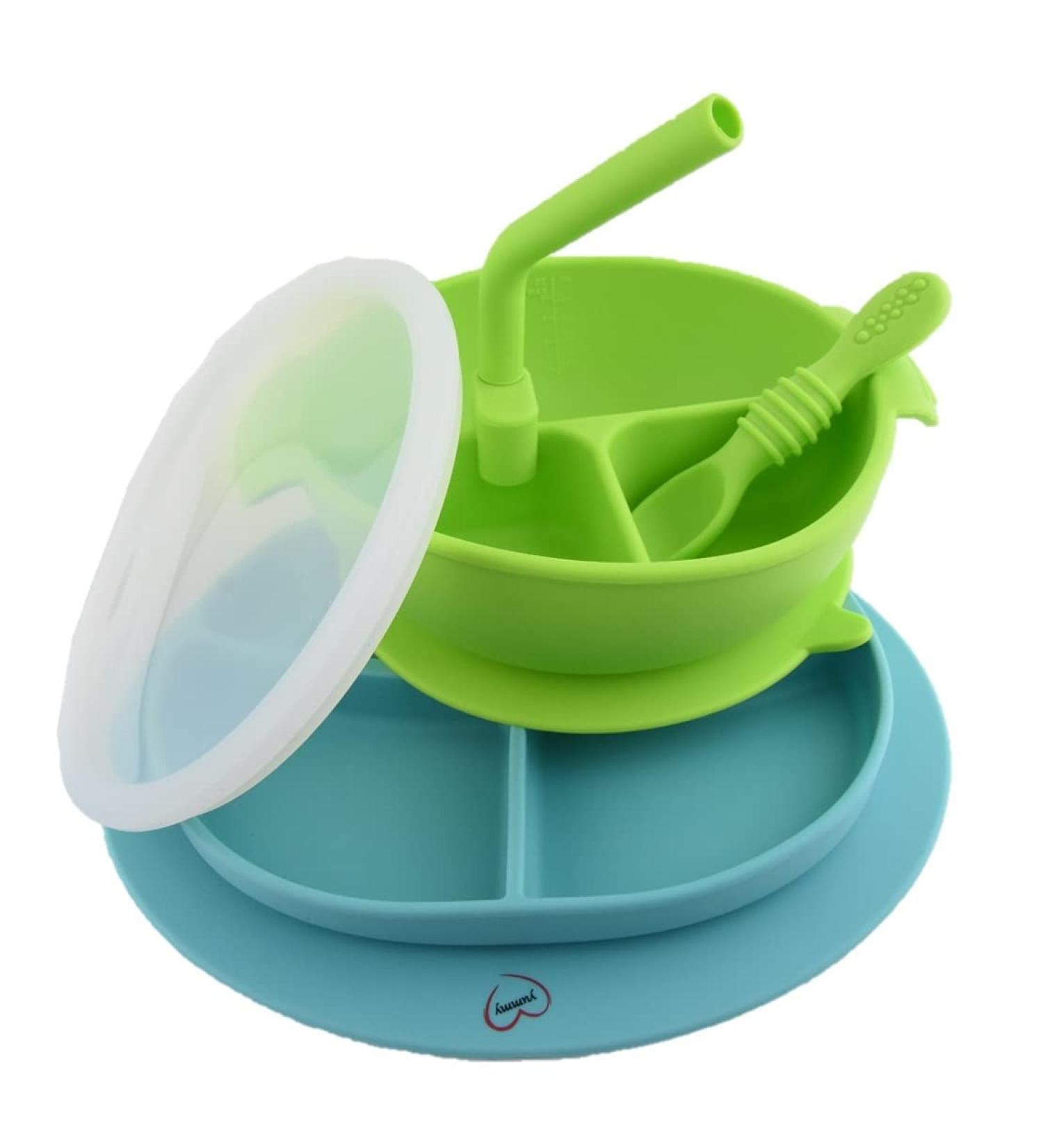 Yummy Baby Toddler Silicone Suction Divided Plate Bowl with Lid, Spoon, and Straw - Non Slip Feeding Set for Kids - BPA Free - Green - Buy Online on GoSupps.com