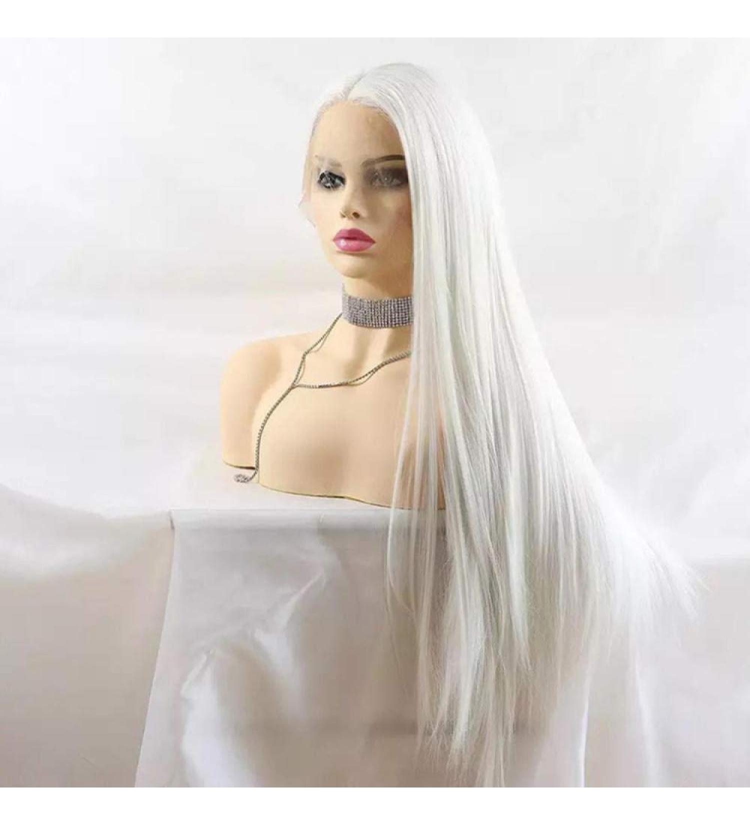 BGHJUE African Wig - Long White Straight Synthetic Lace Front Wig for Black Women | Soft Heat Resistant Hair - Buy Online on GoSupps.com