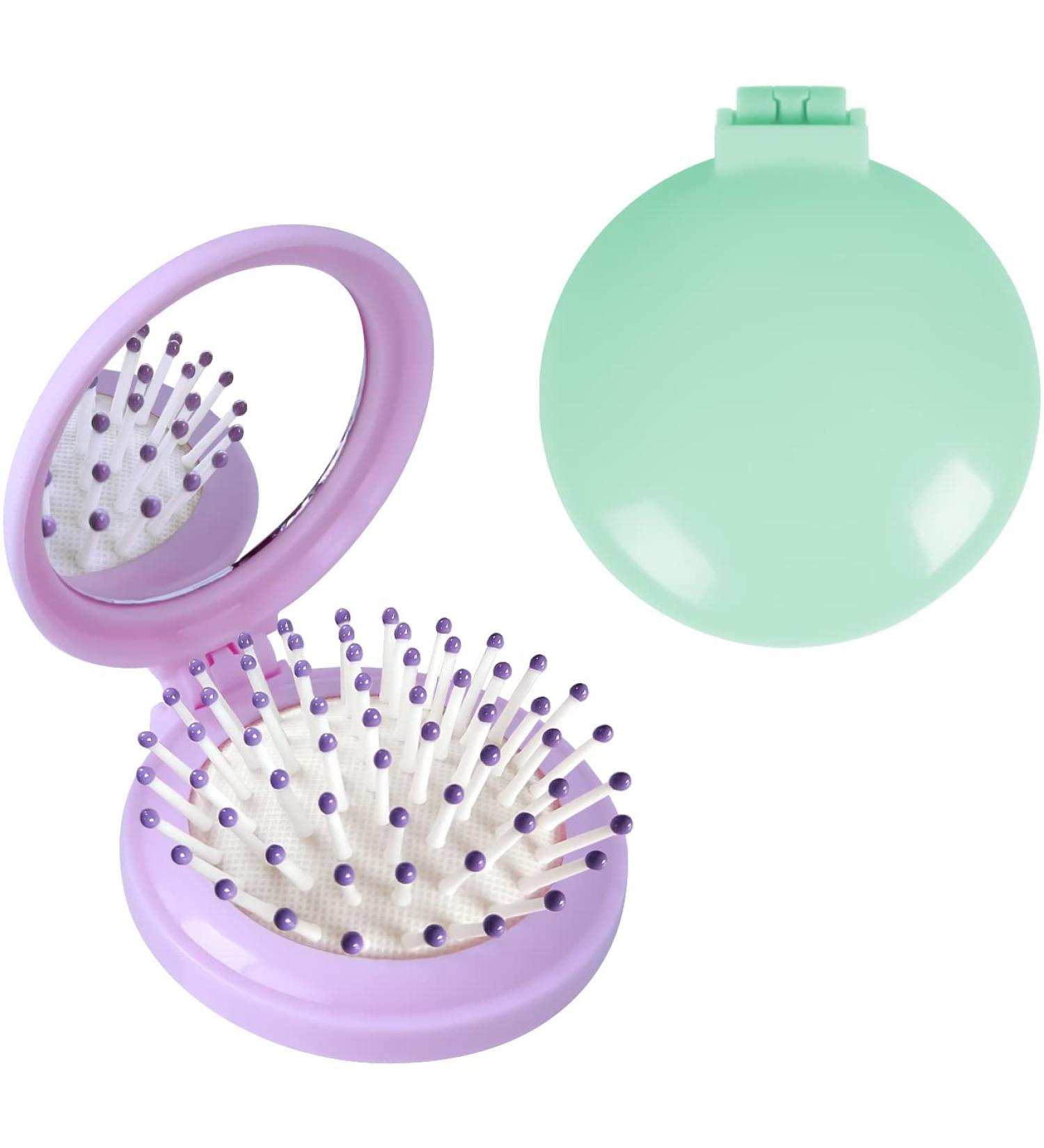 Folding Hair Brush with Mirror Compact Massage Comb - Travel Size for Girls and Women (Purple+Green) - Buy Online on GoSupps.com