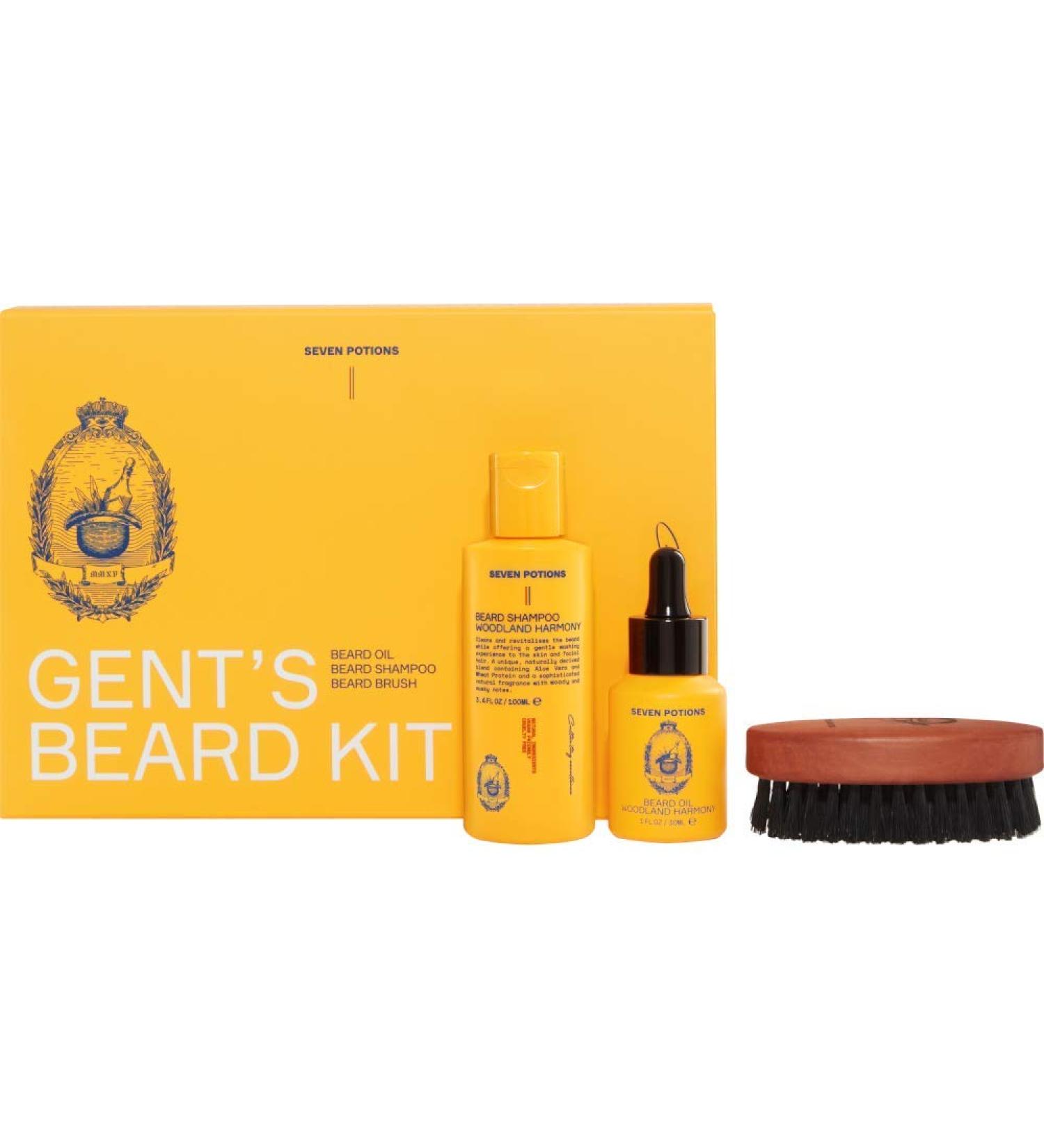 SEVEN POTIONS Beard Grooming Kit Woodland Harmony. Includes Beard Oil Shampoo and Brush for Ultimate Beard Care