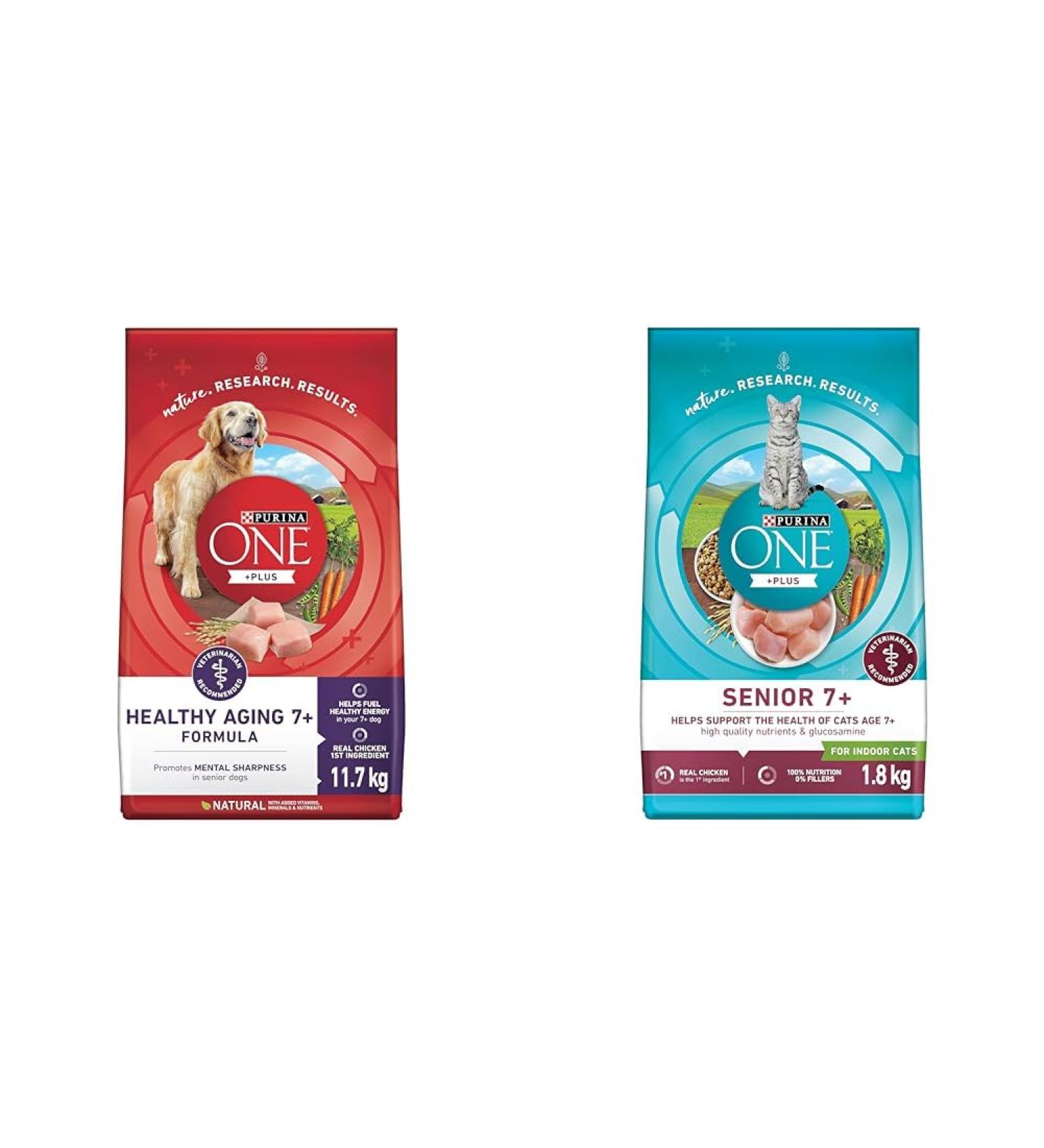 Purina ONE +Plus Senior Dry Dog Food Healthy Aging 7+ with Chicken - 11.7 kg Bag & Purina +Plus Senior Dry Cat Food Chicken - 1.8 kg Bag - Buy Online on GoSupps.com