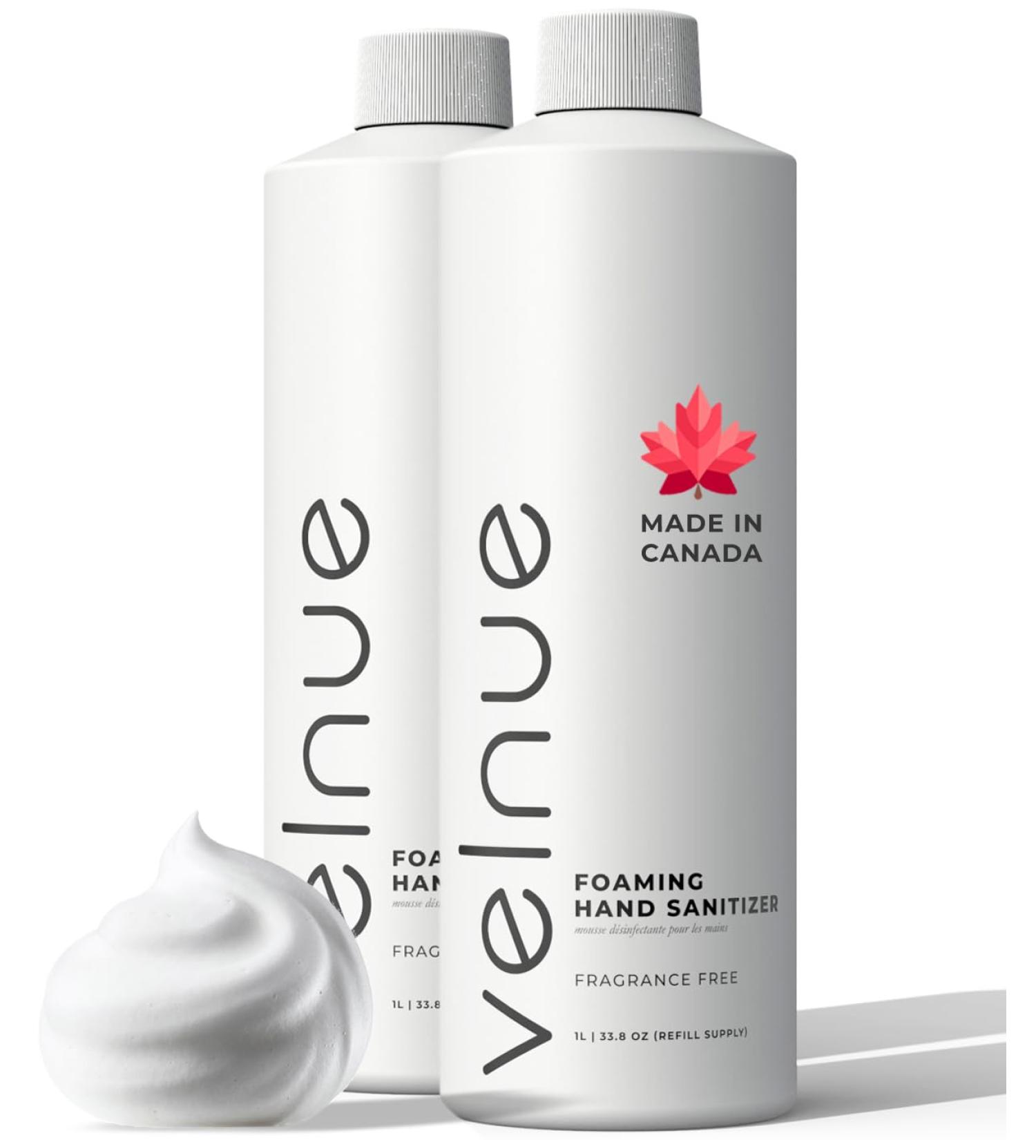 VELNUE Foaming Hand Sanitizer Refill Supply | Made in Canada with Moisturizing Aloe 70% Ethyl Alcohol Vitamin E | 1L Fragrance Free - 2 Bottles Fragrance Free 2-Pack - Buy Online on GoSupps.com