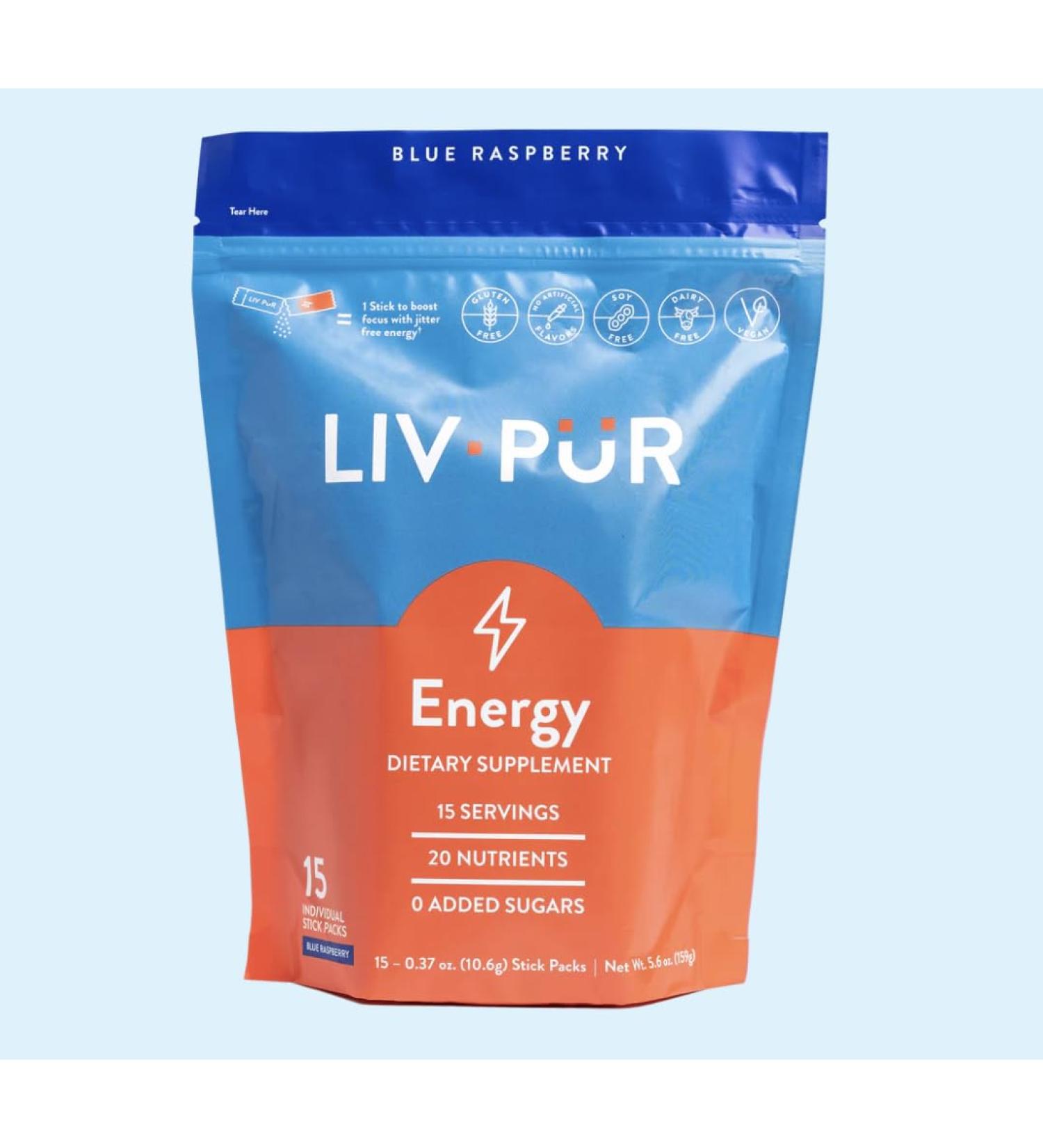Energy Supplement Powder | Supports Focus & Mental Clarity | Slow-Absorbing Natural Caffeine for Jitter-Free Energy | Vitamins B12 & C | Blue Raspberry 15 Sticks