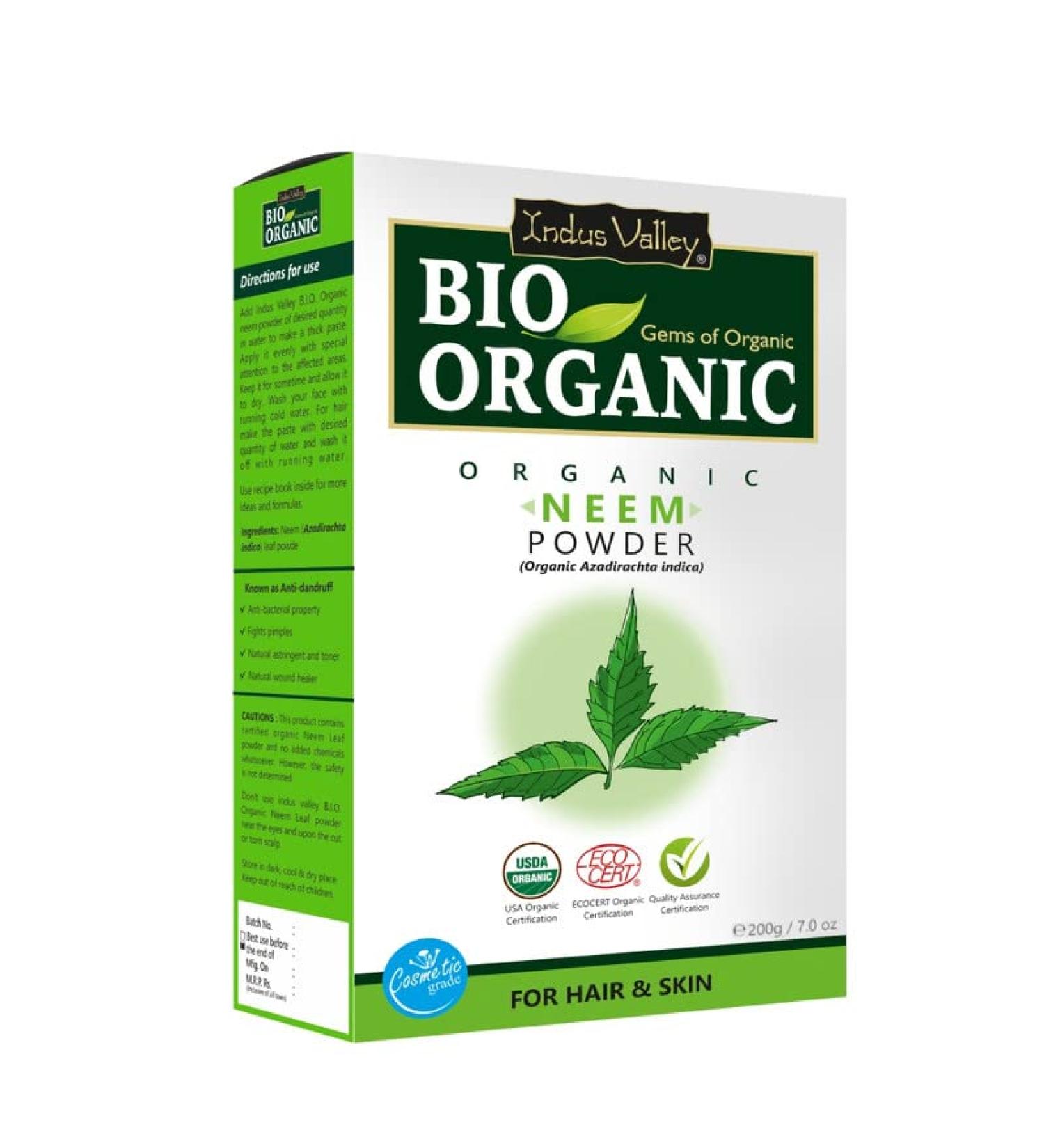 INDUS VALLEY Bio Organic Neem Powder For Hair Care | Organic Azadirachta indica 100% Natural & Chemical Free Cleanser For Healthy Hair - 200gm Natural Skin Care Masks & Herbal Blends - Buy Online on GoSupps.com