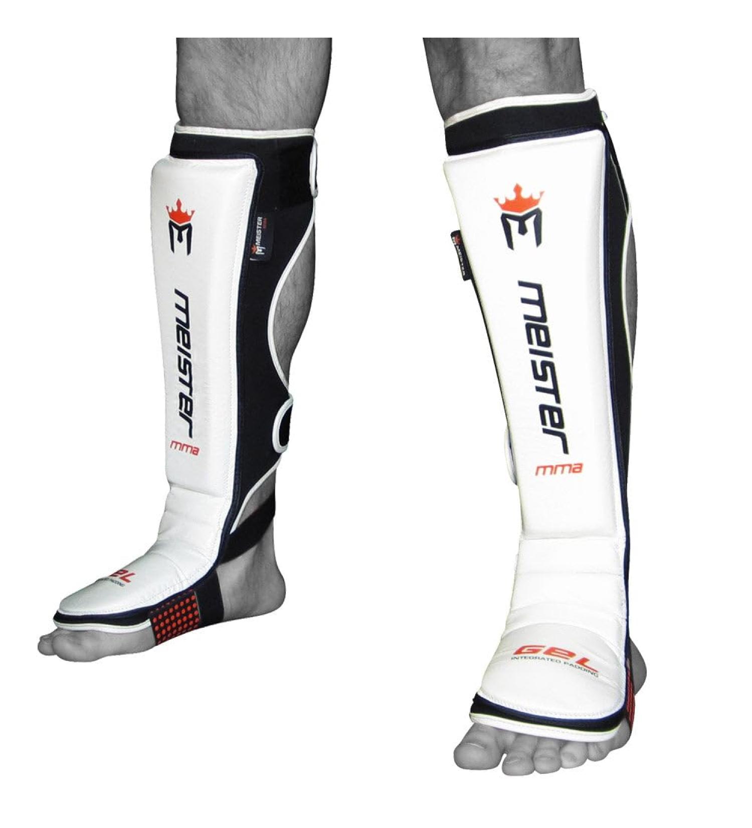 Meister MMA Edge Leather Shin Guards with Gel Padding - White L-XL | Premium Protection for Fighters - Buy Online on GoSupps.com