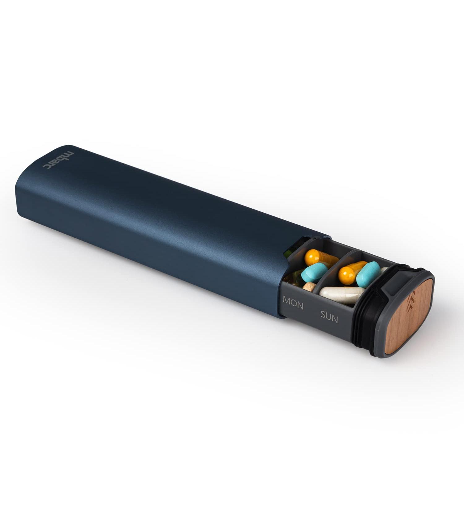 mbarc 7 Day Weekly Pill Organizer - Stylish Aluminum & Wood Pill Box for Supplements, Vitamins, Medicine - Matte Blue - Buy Online on GoSupps.com