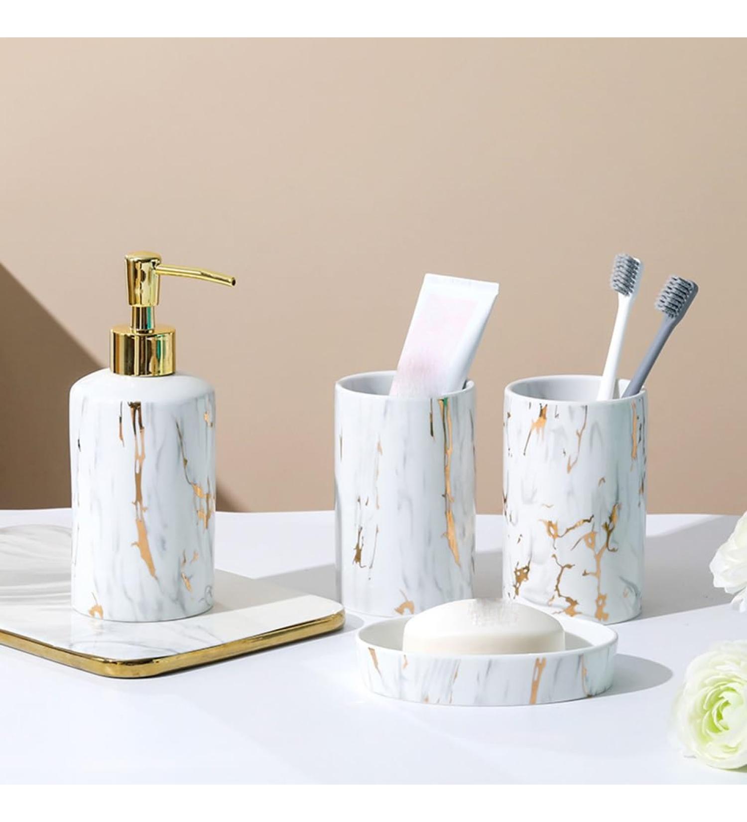 Shop Pochy Ceramic Marbling Bathroom Set - 4-Piece Light Gray Toilet Accessories | International Shipping Available - Buy Online on GoSupps.com