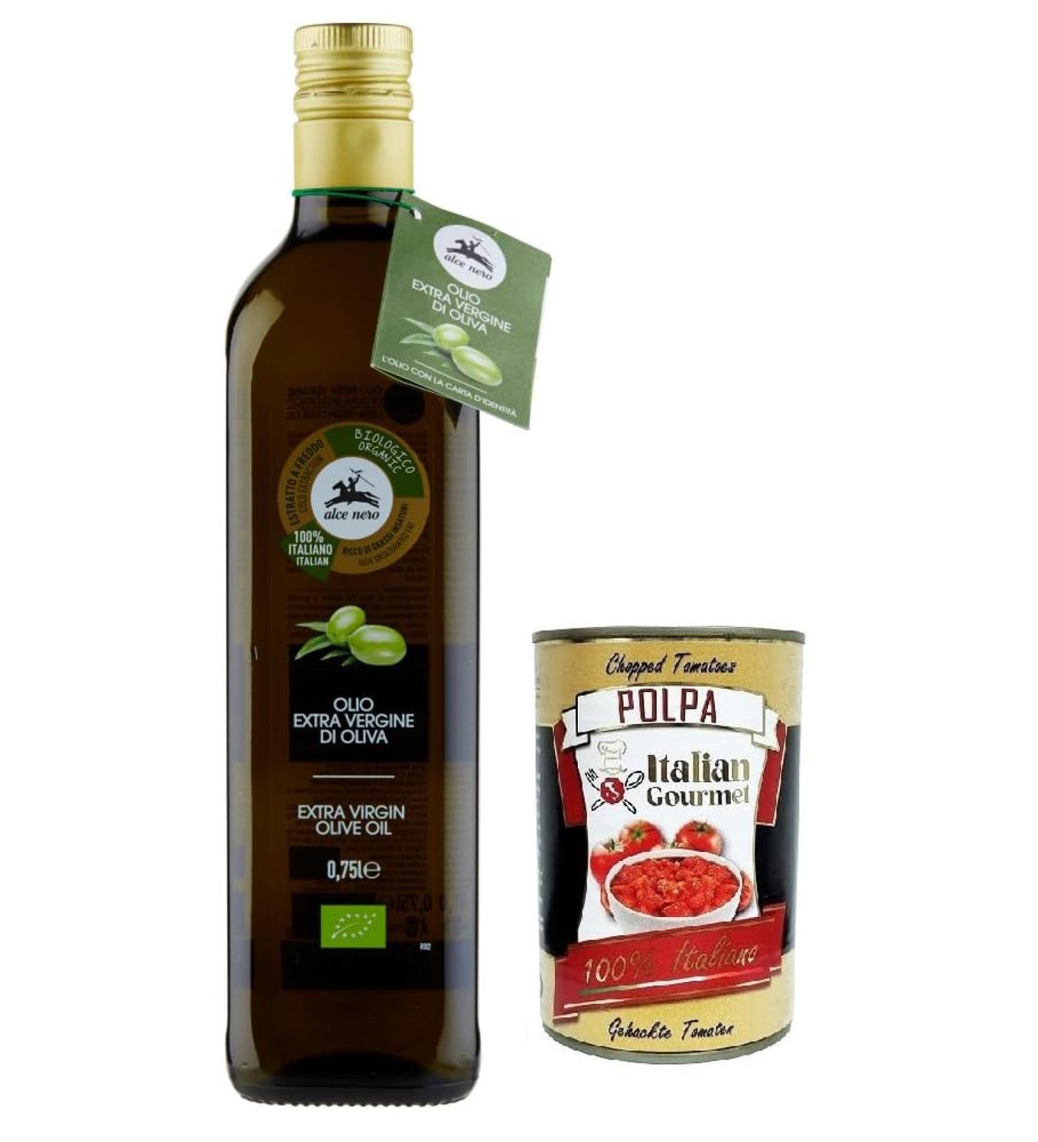 Italian Gourmet E.R. Alce Nero Olio 100% Italian Extra Virgin Olive Oil with organic Italian olives 750ml glass bottle + 400g tin of Gourmet Italian Polpa di Pomodoro - Buy Online on GoSupps.com
