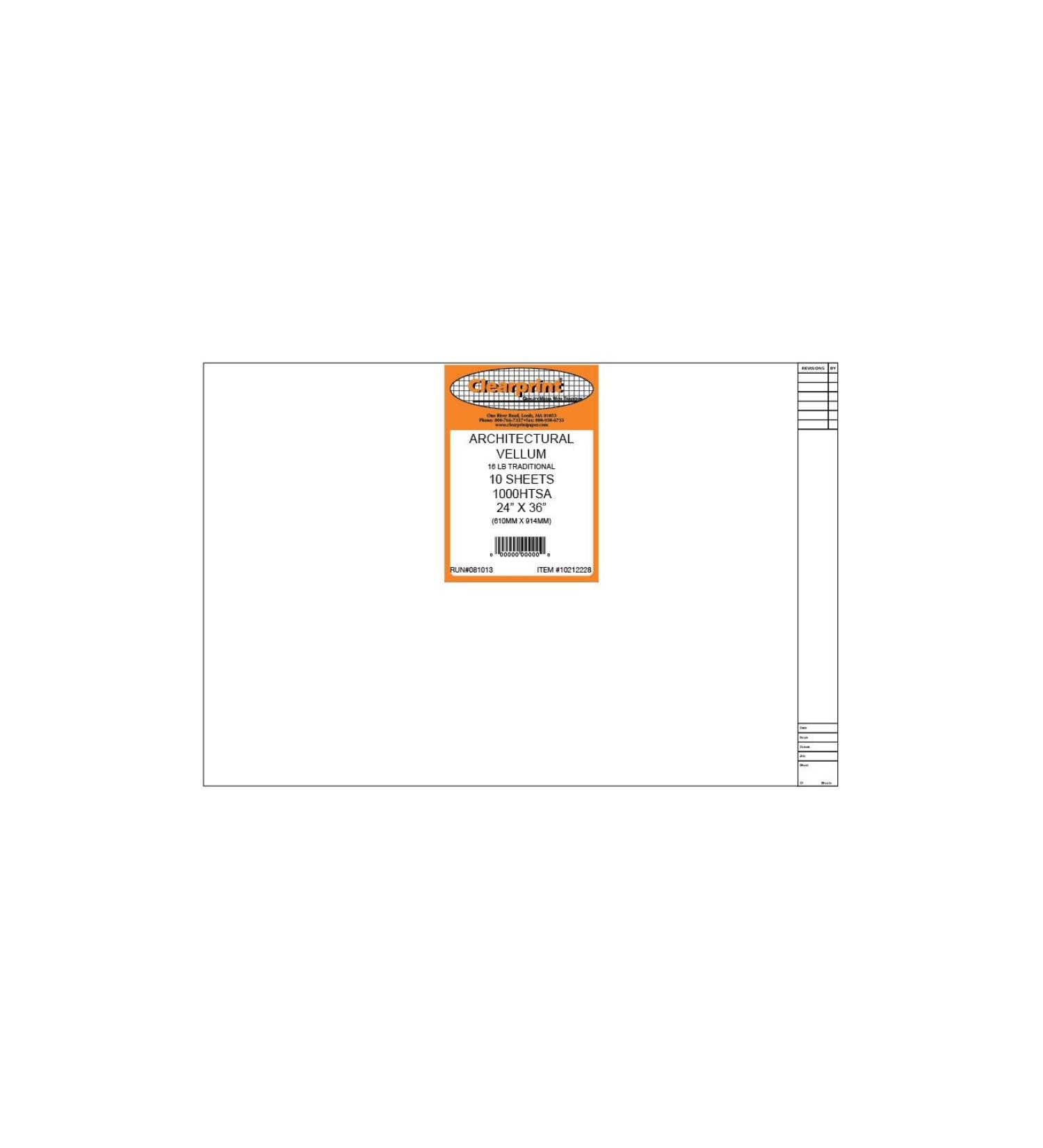 Clearprint Vellum Sheets with Architect Title Block and 8x8 Fade-Out Grid 24x36 Inches 16 lb. 60 GSM 1000H 100% Cotton 10 Sheets/Pack Translucent White (10212228) 24 x 36 Inches