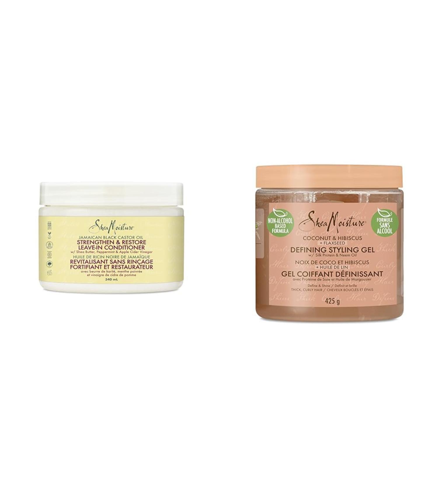 Shea Moisture Strengthen & Restore Leave-in Conditioner for dry hair Jamaican Black Castor Oil with Shea Butter 340 ml & Coconut & Hibiscus Defining Hair Styling Gel with Flaxseed 425 g Leave In Conditioner + Hair Styling Gel - Buy Online on GoSupps.com