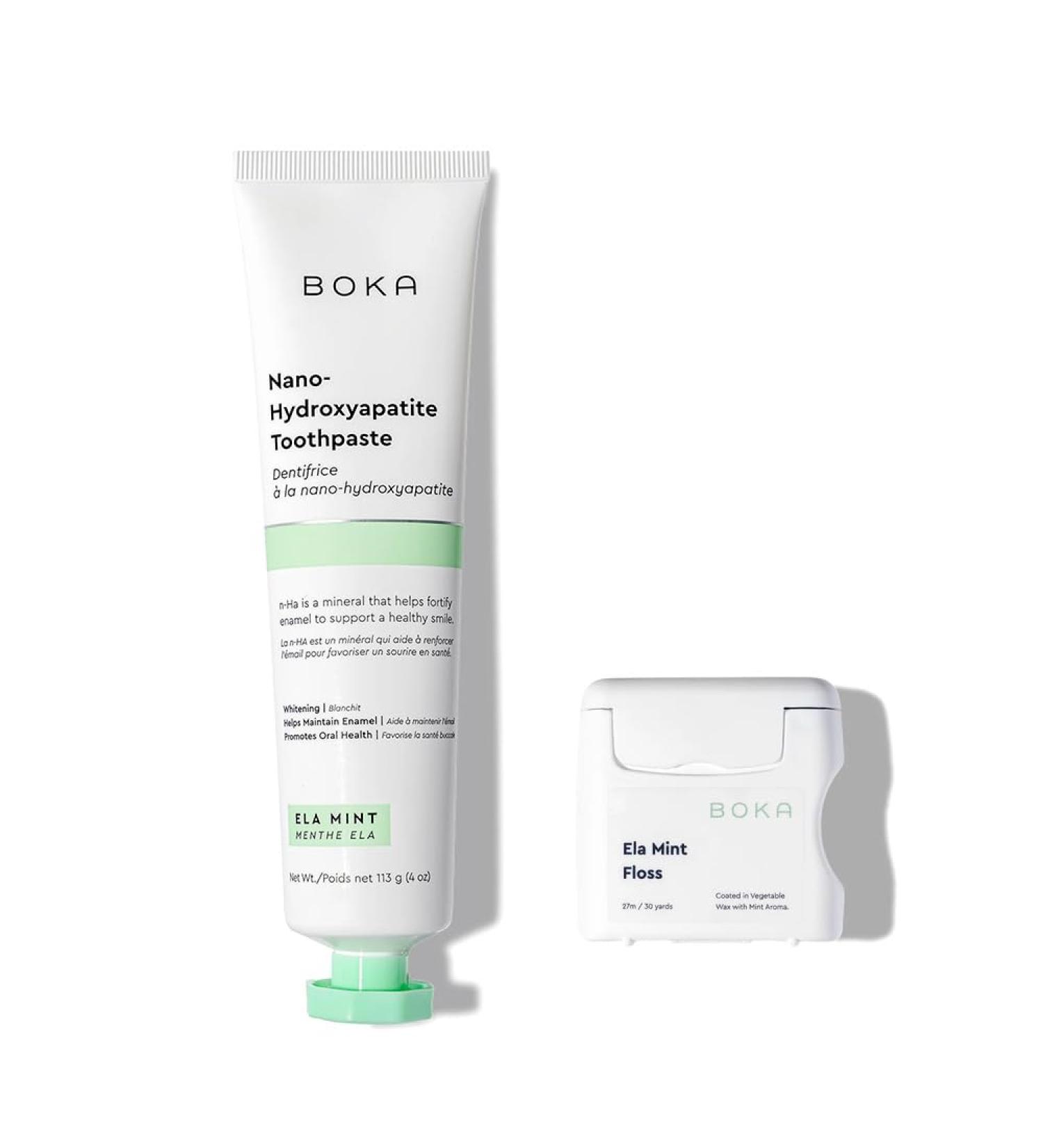 Boka Toothpaste + Floss Bundle Ela Mint Nano-Hydroxyapatite Fluoride-Free Toothpaste 4oz 1Pk + Teflon-Free Petroleum-Free Woven Dental Floss w/Natural Vegetable Wax 30 Yards 1Pk - Buy Online on GoSupps.com