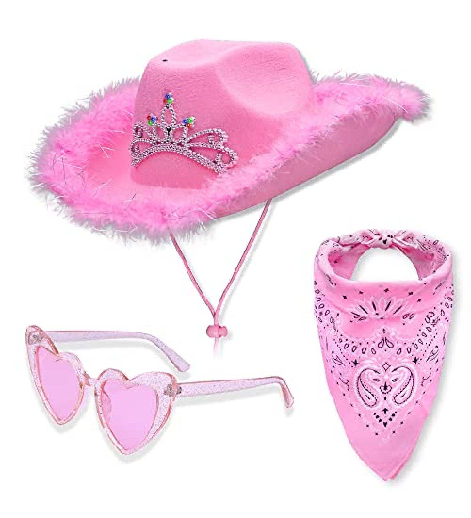 Women's Light Up Cowboy & Cowgirl Hat Set | Western Style Tiara with Bandana & Heart Sunglasses - Pink - Buy Online on GoSupps.com