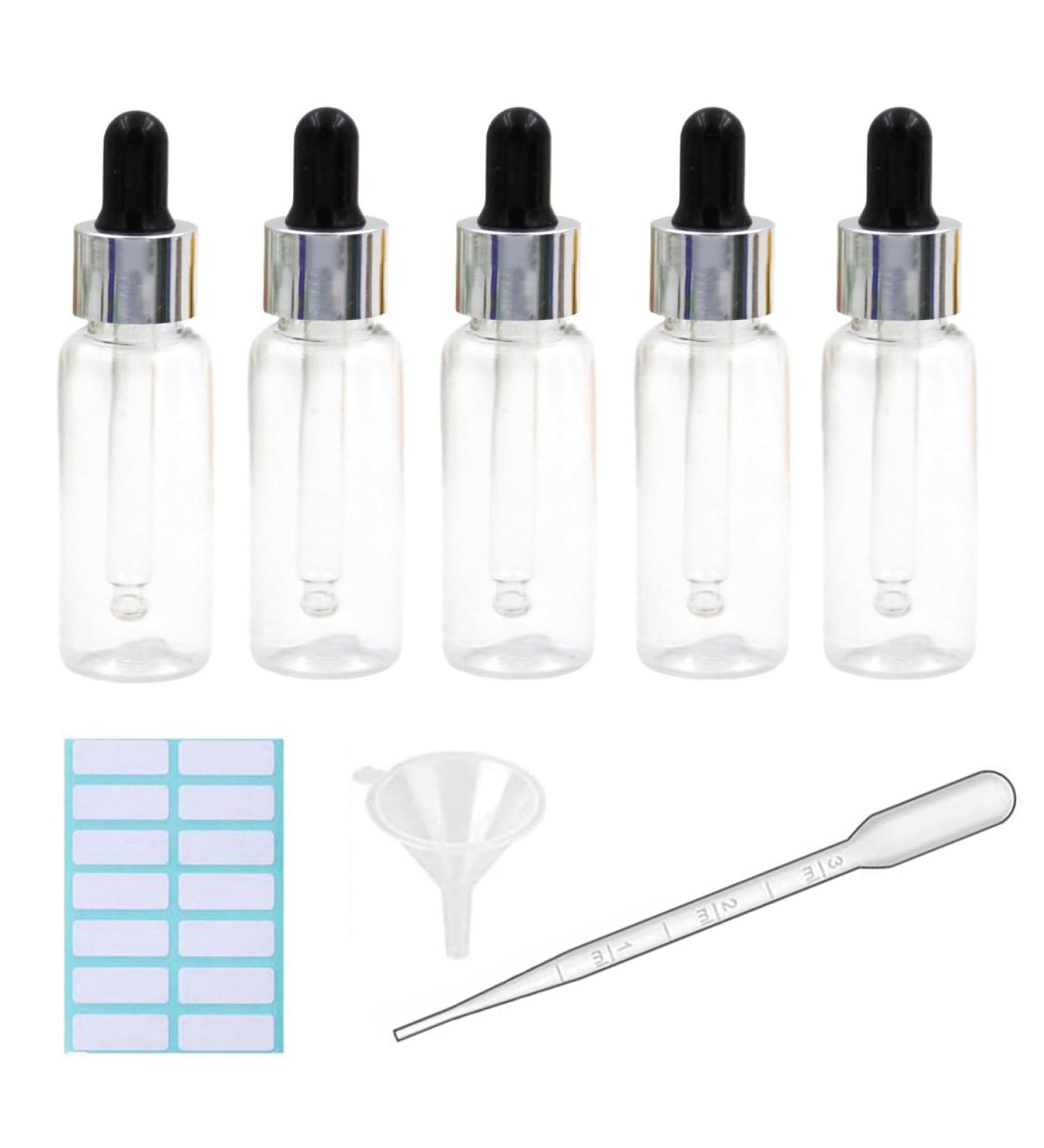 5Pcs Transparent Dropper Bottle 50ML Plastic Eye Dropper Bottles for Essential Oil Pipette Refillable - with Measured Pipette Funnel and Labels (Black + Silver Cap) 50ml Black + Silver Cap - Buy Online on GoSupps.com