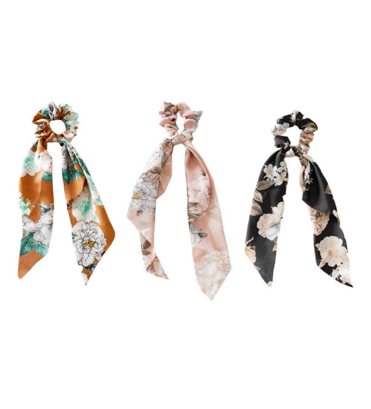 3PC Hair Scarf Scrunch Set | Satin Bowknot Ponytail Holders | Floral Hair Bands for Women & Girls - Buy Online on GoSupps.com