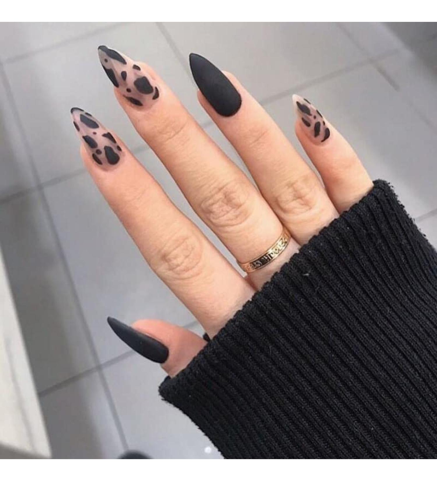 24Pcs/Set Press On Nails Autumn and winter hot nail art pieces with white leopard pattern black frosted flower color hand-painted European and American long Fake Nails Nails Art for Women and Girls - Buy Online on GoSupps.com