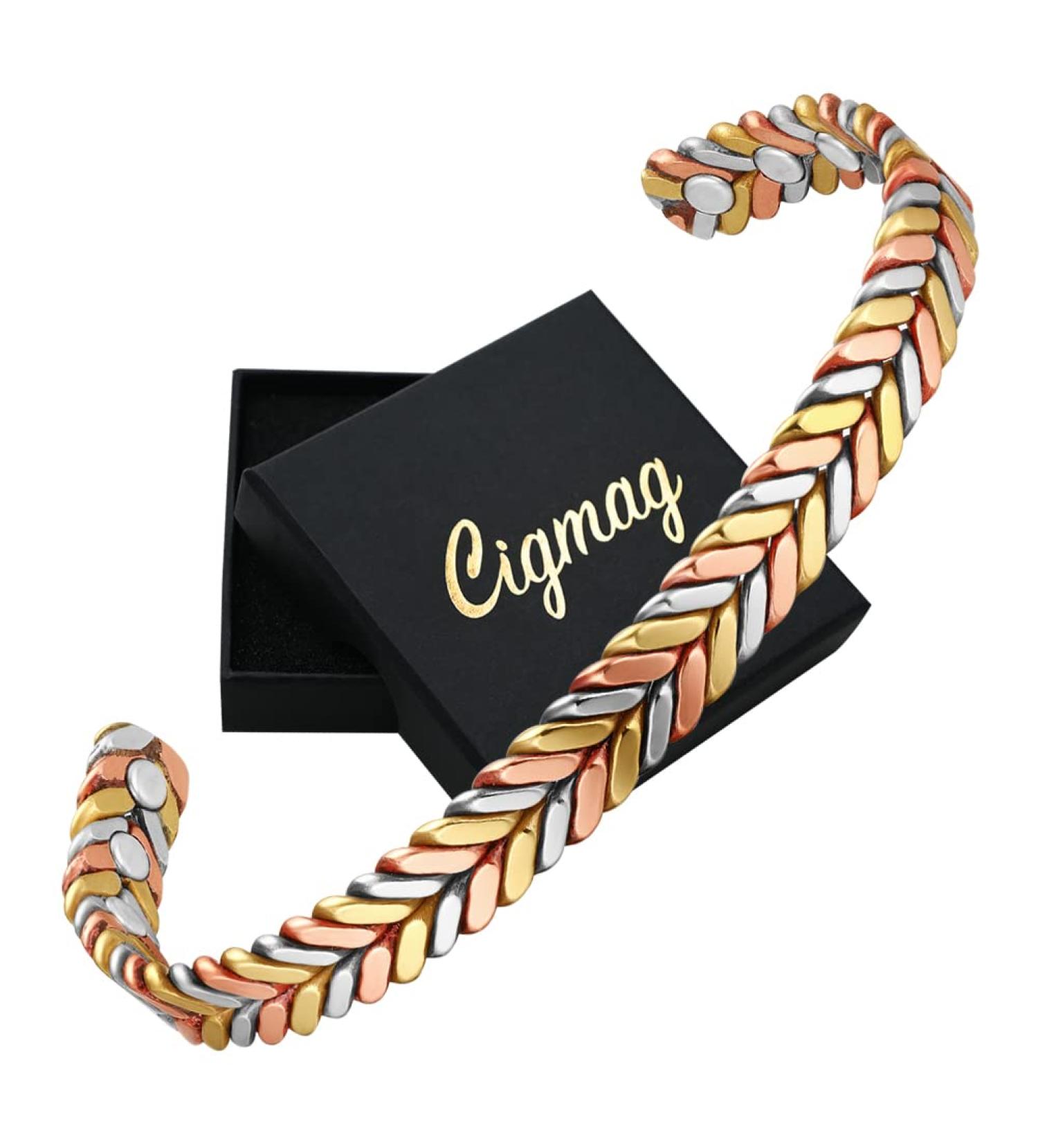 Cigmag Women's Copper Magnetic Bracelet - Adjustable Brazaletes Cuff Bangle with Ultra Strength Magnet - Tricolor Feather Design - Gift Box Included - Buy Online on GoSupps.com