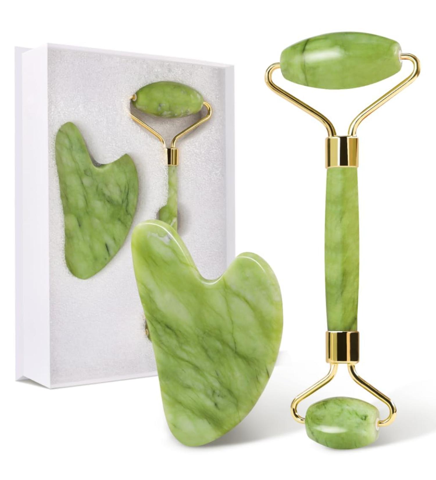 GUGUG Gua Sha Stone & Jade Roller Set - Reduce Puffiness & Enhance Skincare - Green - International Shipping - Buy Online on GoSupps.com