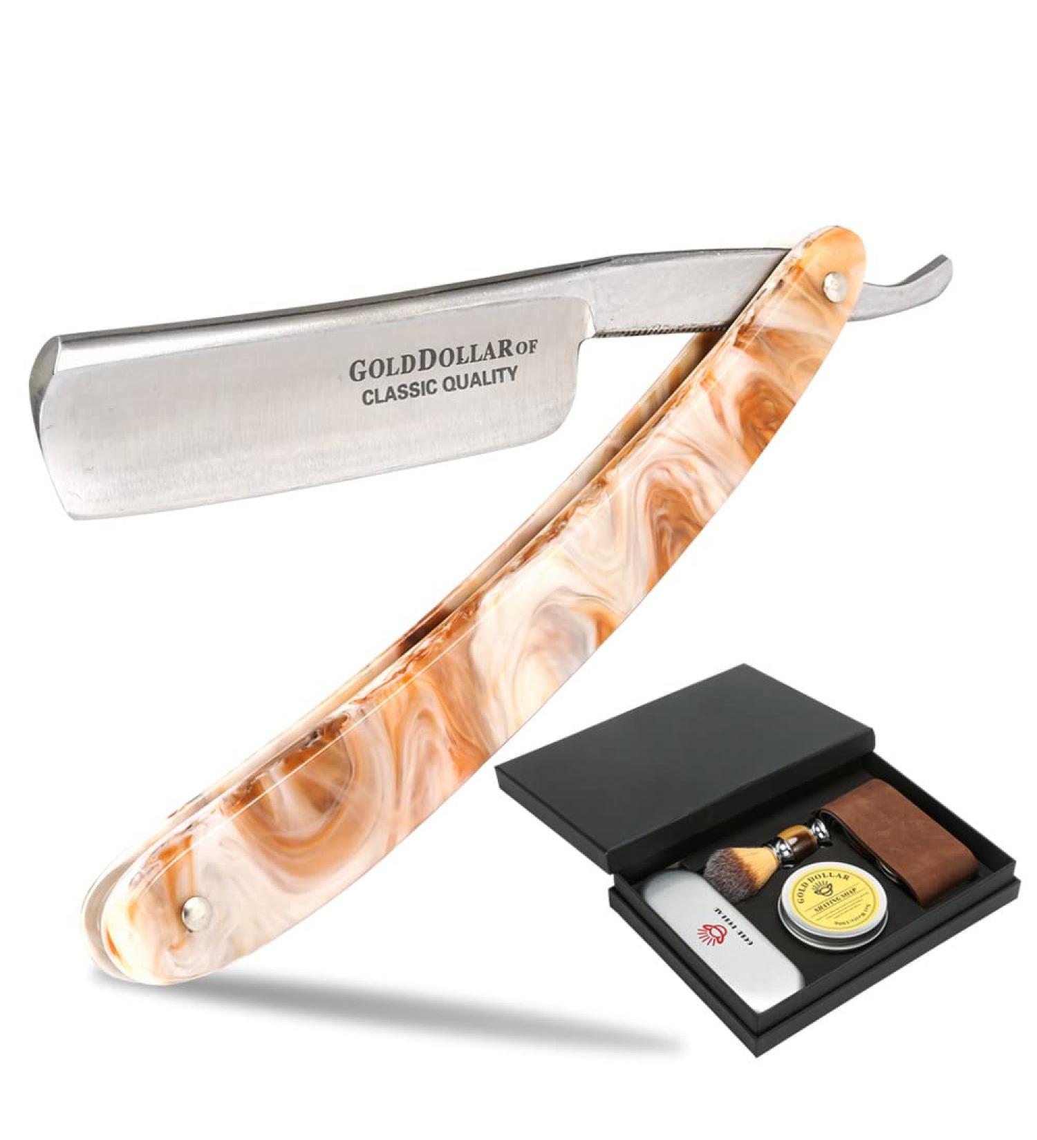 Gold Dollar Straight Razor Shaving Kit - Retro Acrylic Handle for Men & Barbers - Ready to Use No Stabilizer Required - Buy Online on GoSupps.com