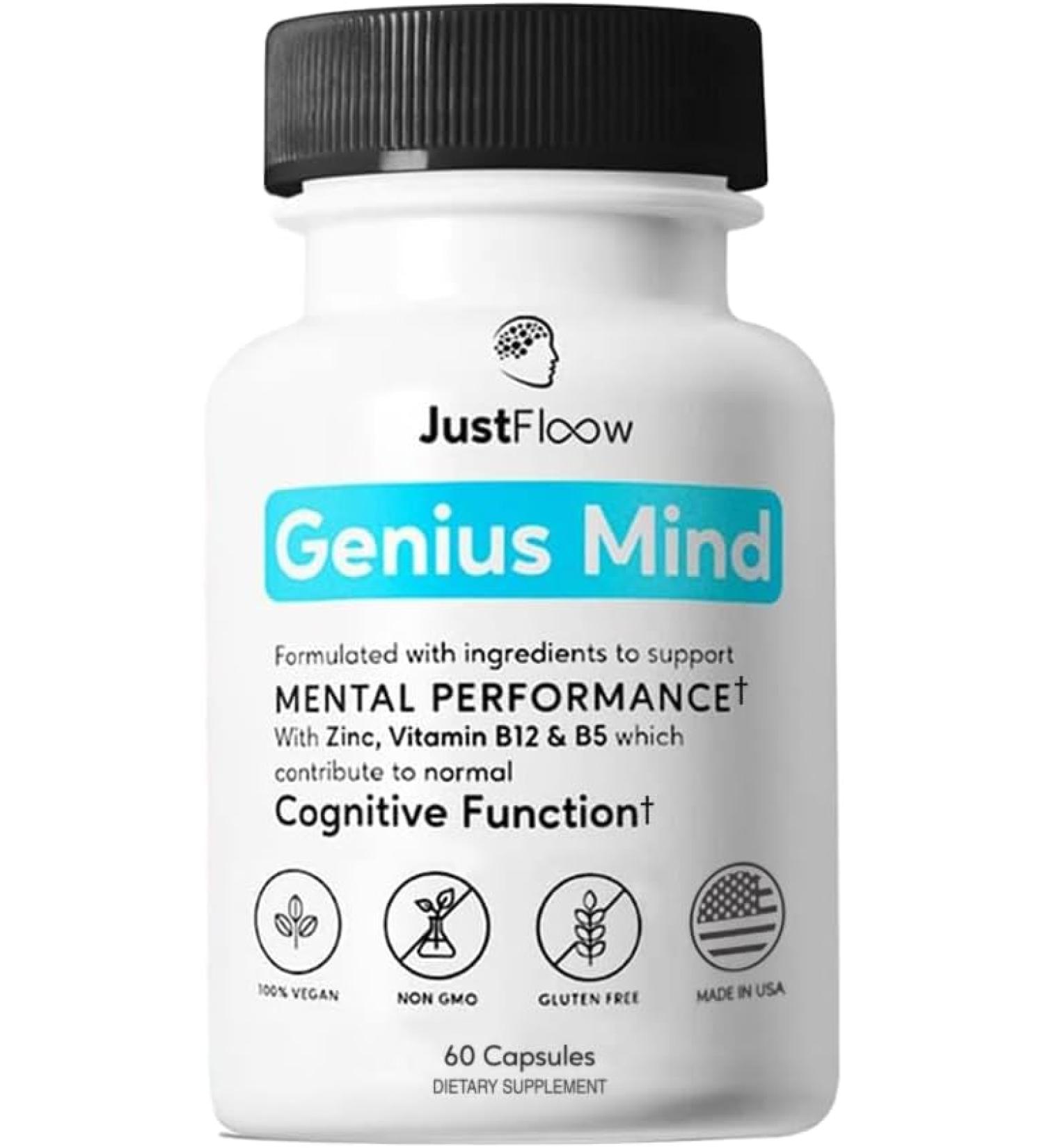 JustFloow Genius MindÂ® Nootropic Brain Supplement  Support Cognitive Function  Energy Levels  Focus & Memory Function - 17 Brain Boosting Ingredients Including Lions Mane  Bacopa  Ginkgo & Vitamin B12 - Buy Online on GoSupps.com