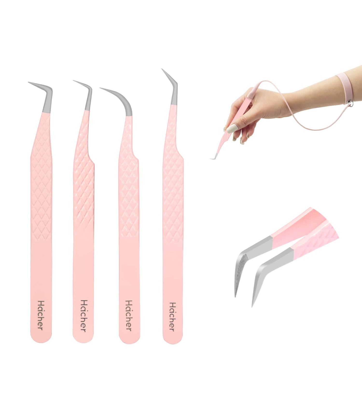 Haicher Fiber Tip Grip Lash Tweezers Set - 4 Pcs Volume Boot 90 Degree Tweezers for Eyelash Extensions - Pink - Buy Online on GoSupps.com