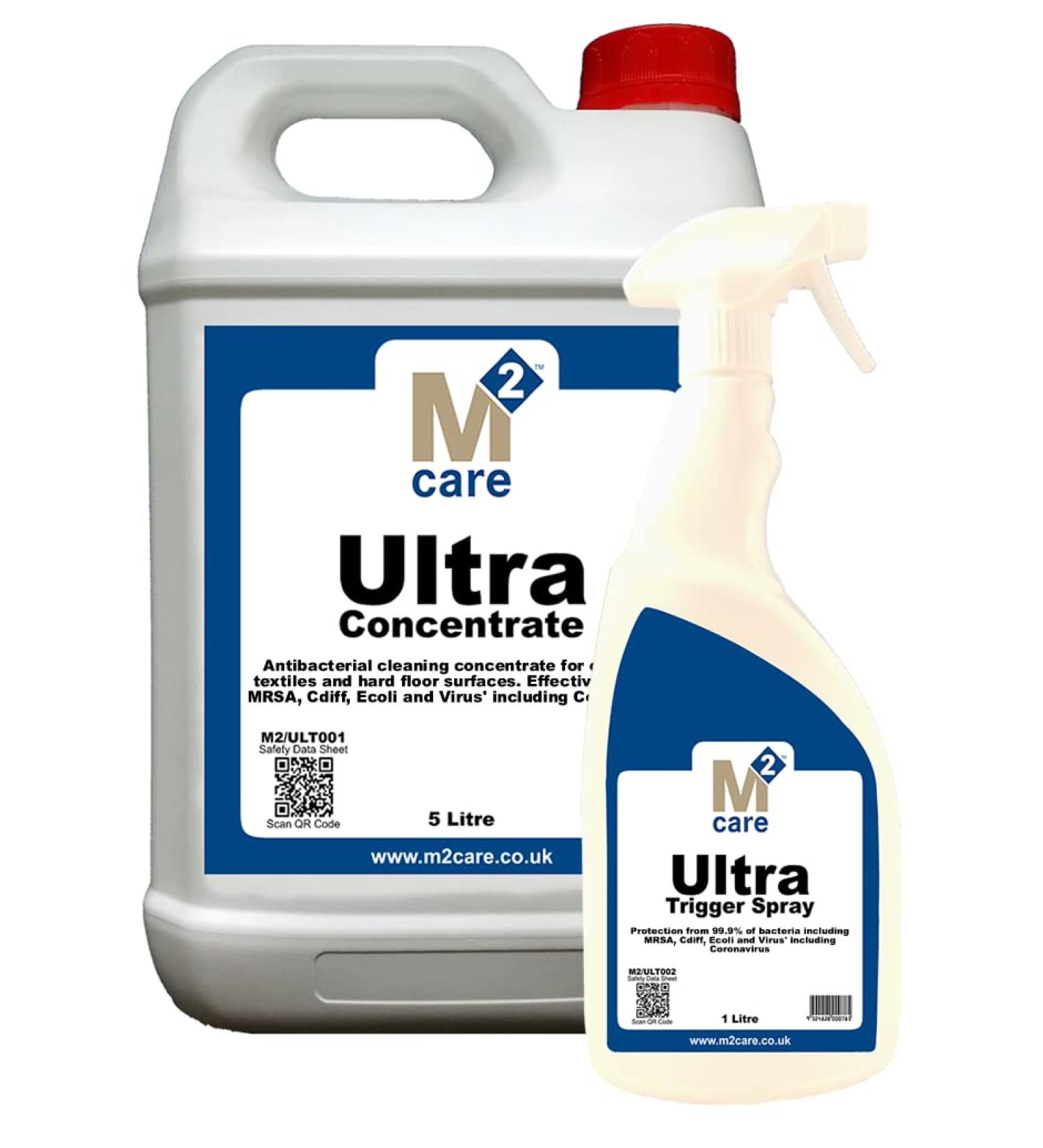 M2 Care Ultra 6 Litres 1 x 5 Litre + 1 x 1 Litre Trigger Spray + 10 x All Round 300GSM White Microfibre Cloths