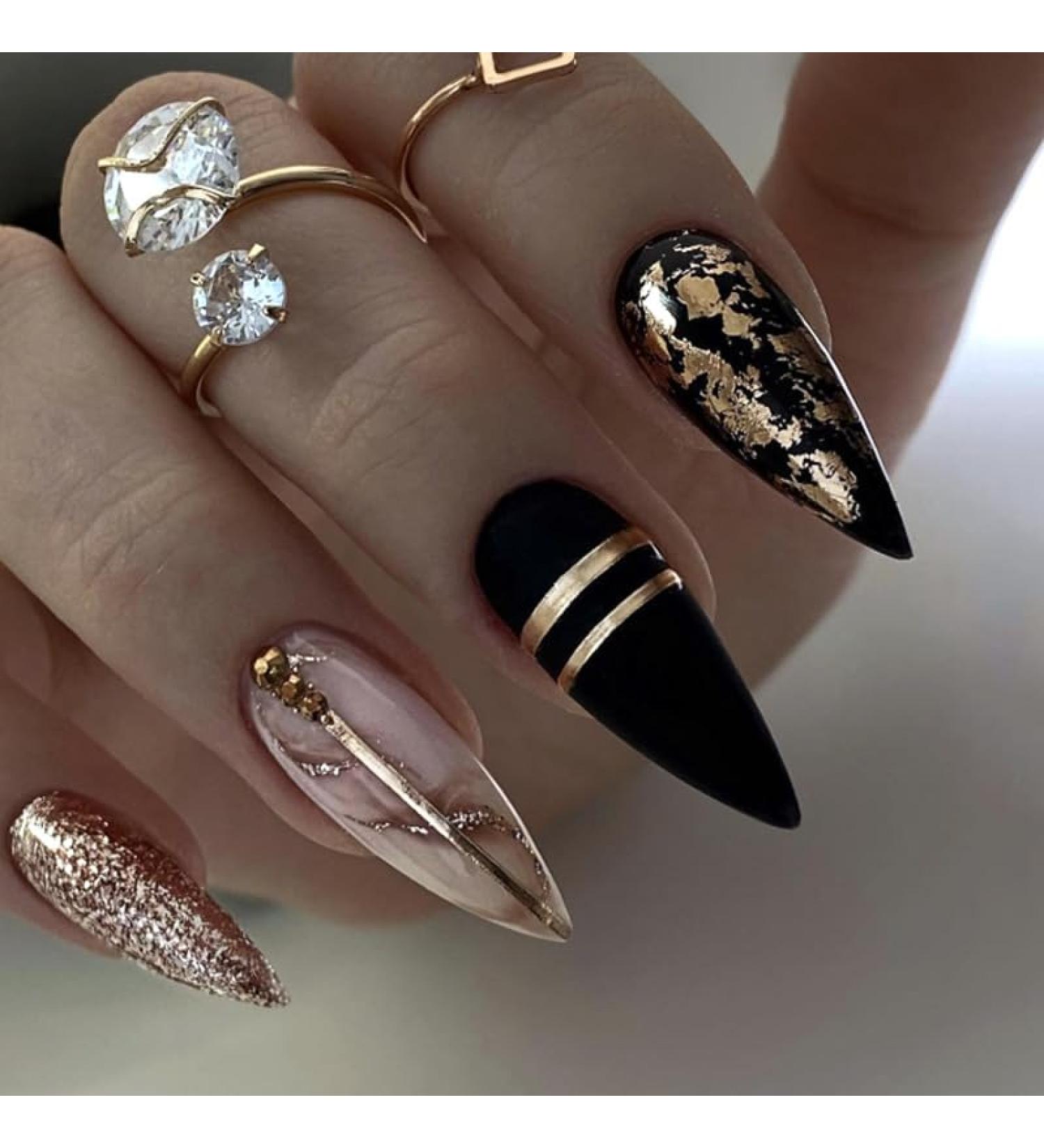 Mouyouglow Press on Nails - Almond Black Gold Foil & Pink Glitter - Glossy Marble Nail Art with Glue - Y17 - Buy Online on GoSupps.com