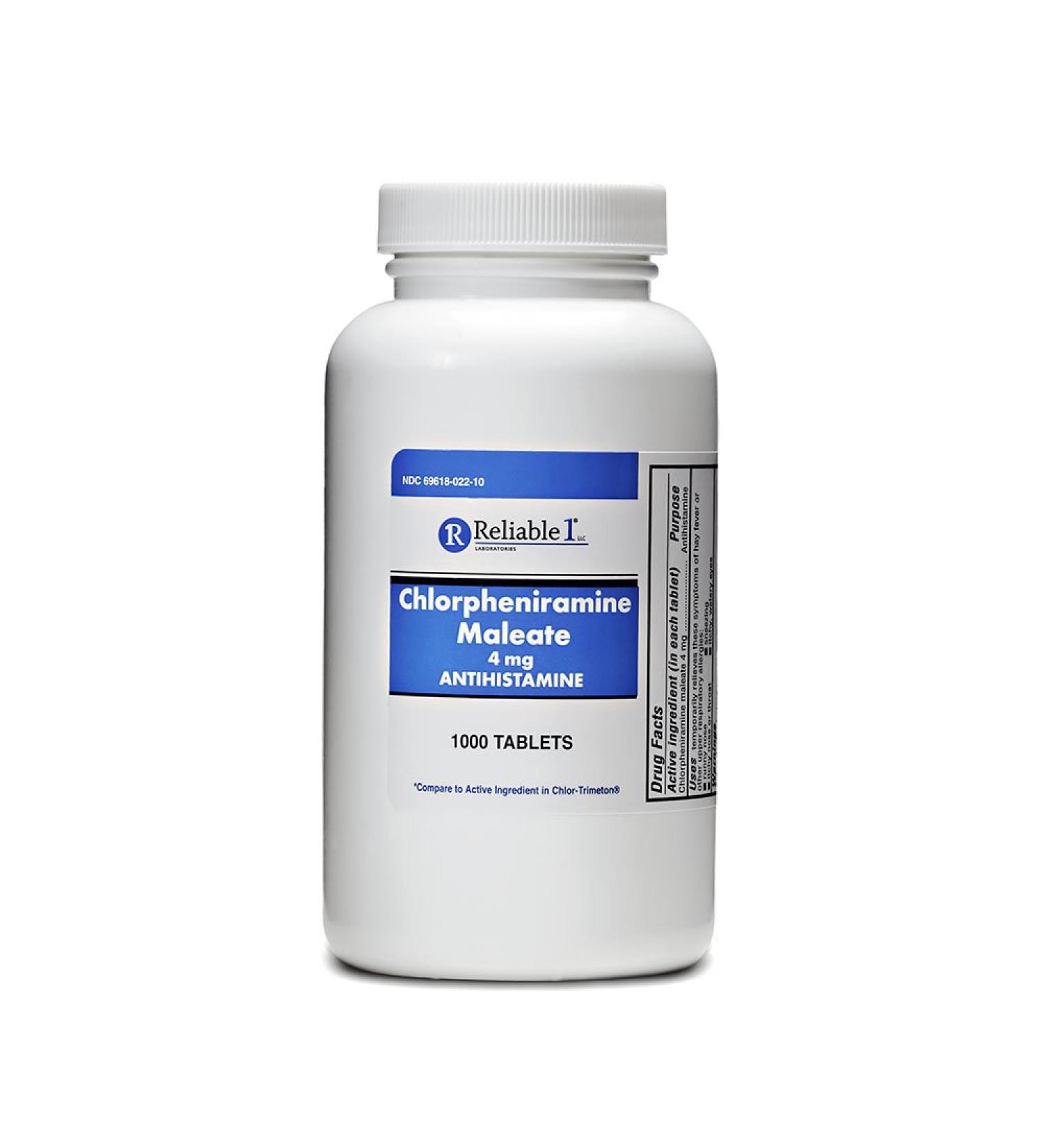 Reliable-1 Laboratories Chlorpheniramine Maleate (4mg 1000 Tablets) - for Runny Itchy Sneezing Nose or Throat and Itchy Watery Eyes