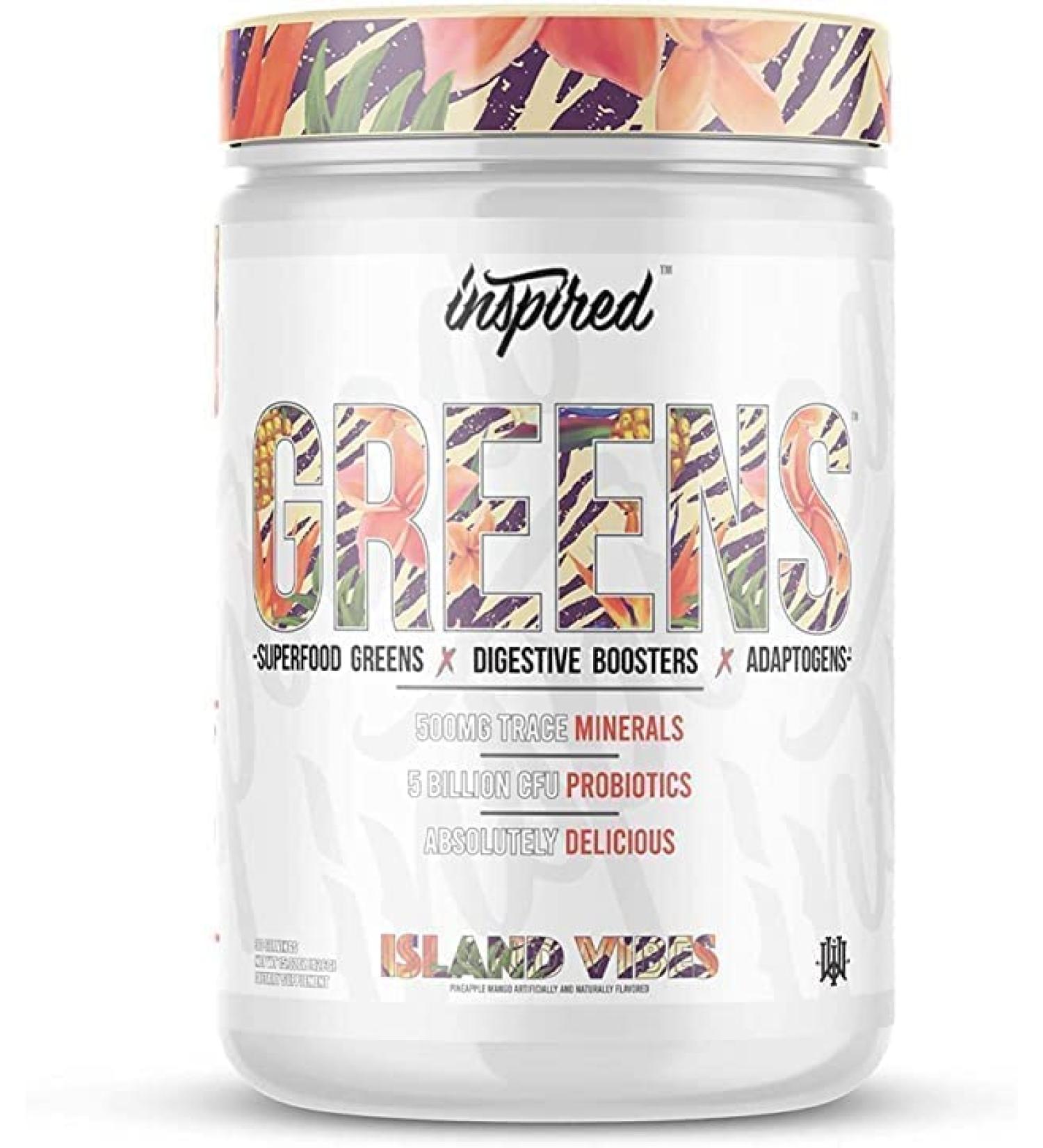 Inspired Nutraceuticals Greens Flavored Superfood Powder with Adaptogens Probiotics Spirulina Chlorella & Mushrooms (Island Vibes (Pineapple Punch) 30 Servings) - Buy Online on GoSupps.com