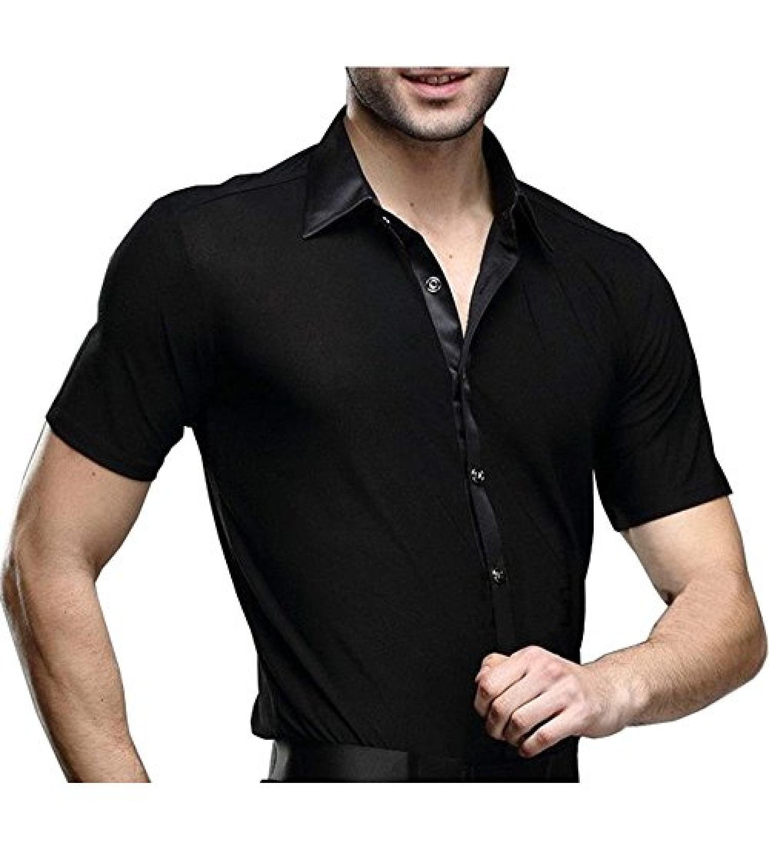 Men's Black Dance Shirt Ballroom Modern Salsa Short Sleeve Tango US L/Asia XXL - Bust 106-108cm - Buy Online on GoSupps.com