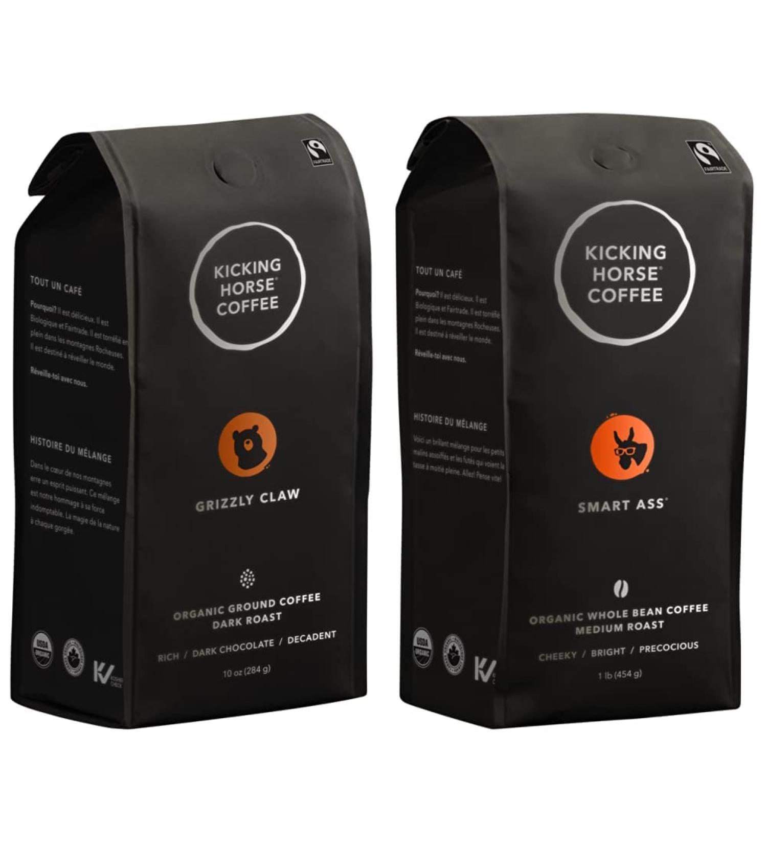 Kicking Horse Coffee Grizzly Claw Dark Roast Ground & Kicking Horse Coffee Smart Ass Medium Roast Whole Bean 1 lb - Certified Organic Fairtrade Kosher Coffee