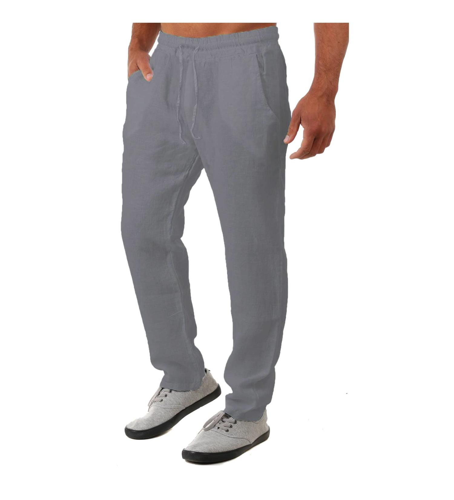Men's Lightweight Linen Elastic-Waist Drawstring Pants - Summer Casual Loose Fit Beach Yoga Trousers with Pockets (X-Large, Gray) - Buy Online on GoSupps.com