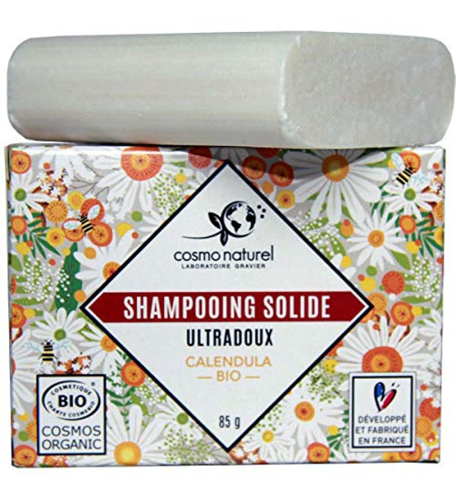 Organic Ultra Gentle Solid Shampoo 85G, made in France by Gravier laboratories - With coconut oil and organic calendula extract to restore softness and suppleness to hair.