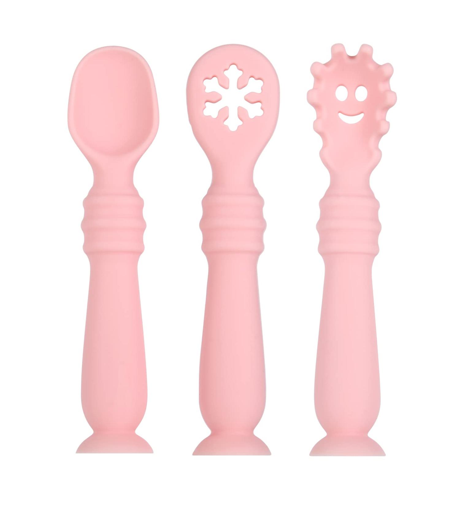 Vicloon Baby Fork and Spoon Set - 3Pcs Silicone Weaning Spoon Set for Self Feeding, Easy Grip Toddler Cutlery Kit - Pink - Buy Online on GoSupps.com