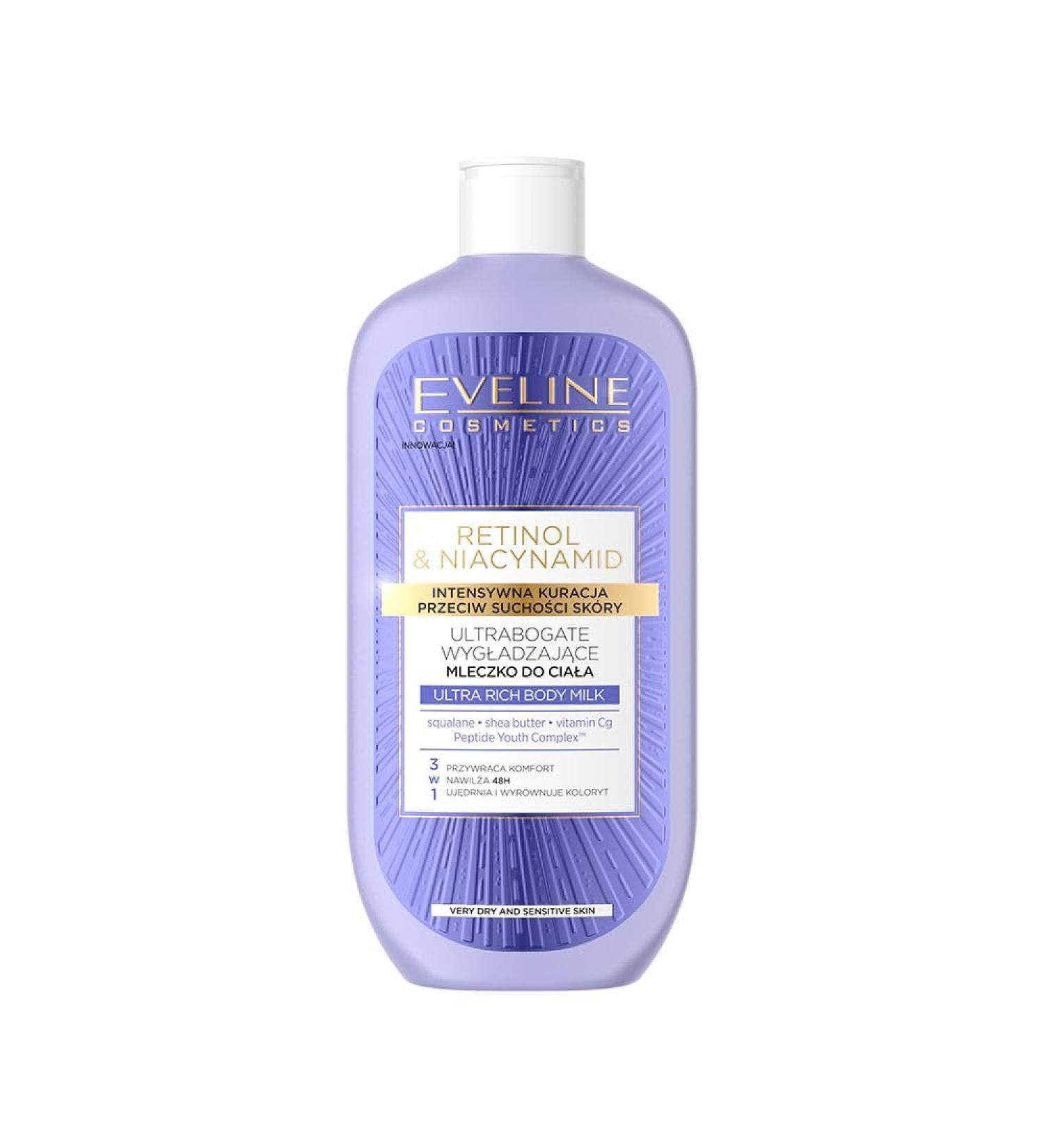Eveline Cosmetics Ultra-Rich Smoothing Body Milk with Retinol & Niacinamide with Peptide Youth Complex, Shea Butter & Squalane - 350ml