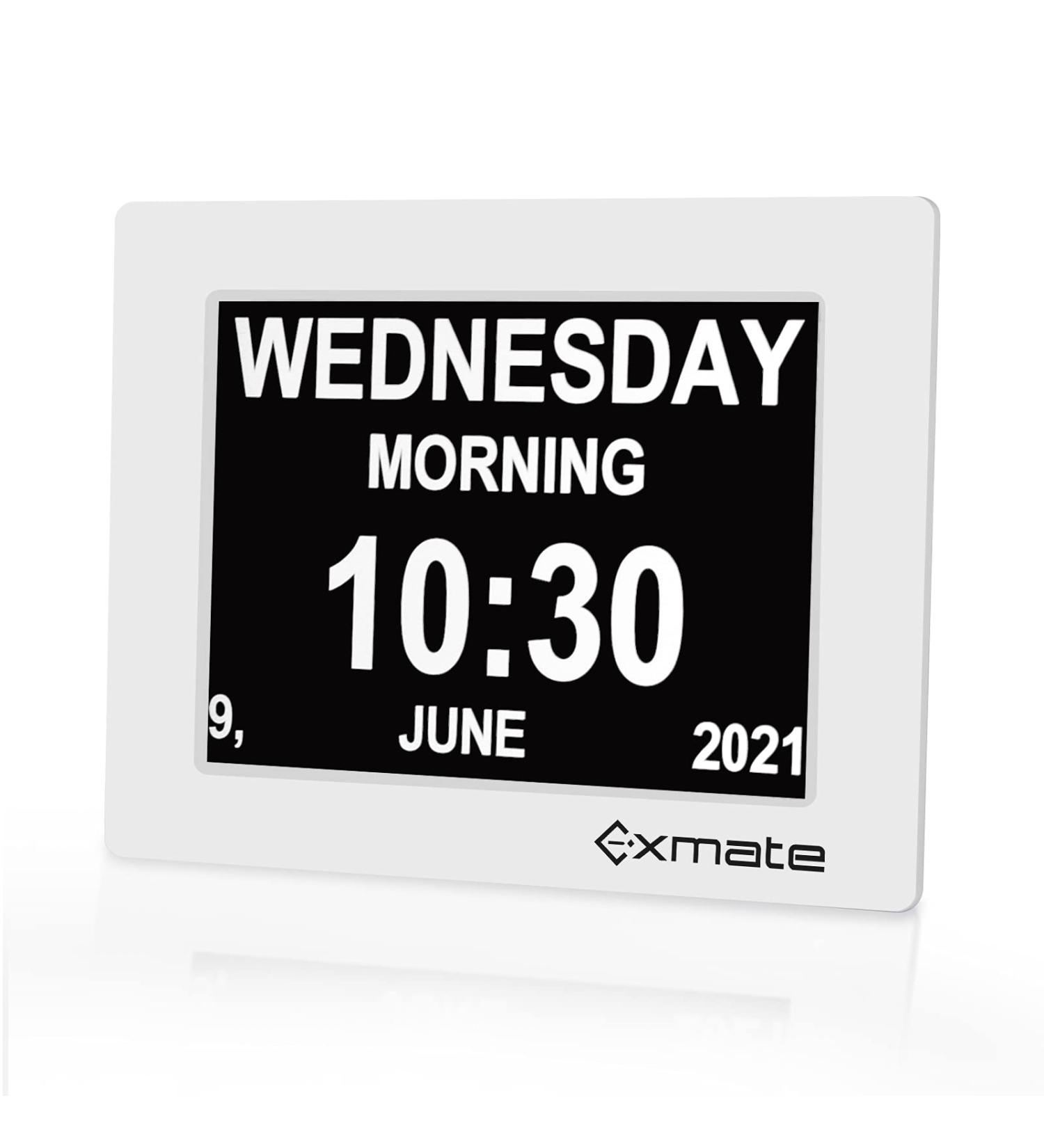 Exmate 8-Inch Digital Alarm Clock - Multilingual Large Writing Calendar for Kids Seniors Dementia & Alzheimer's - Perfect for Visual Impairment - White - Buy Online on GoSupps.com