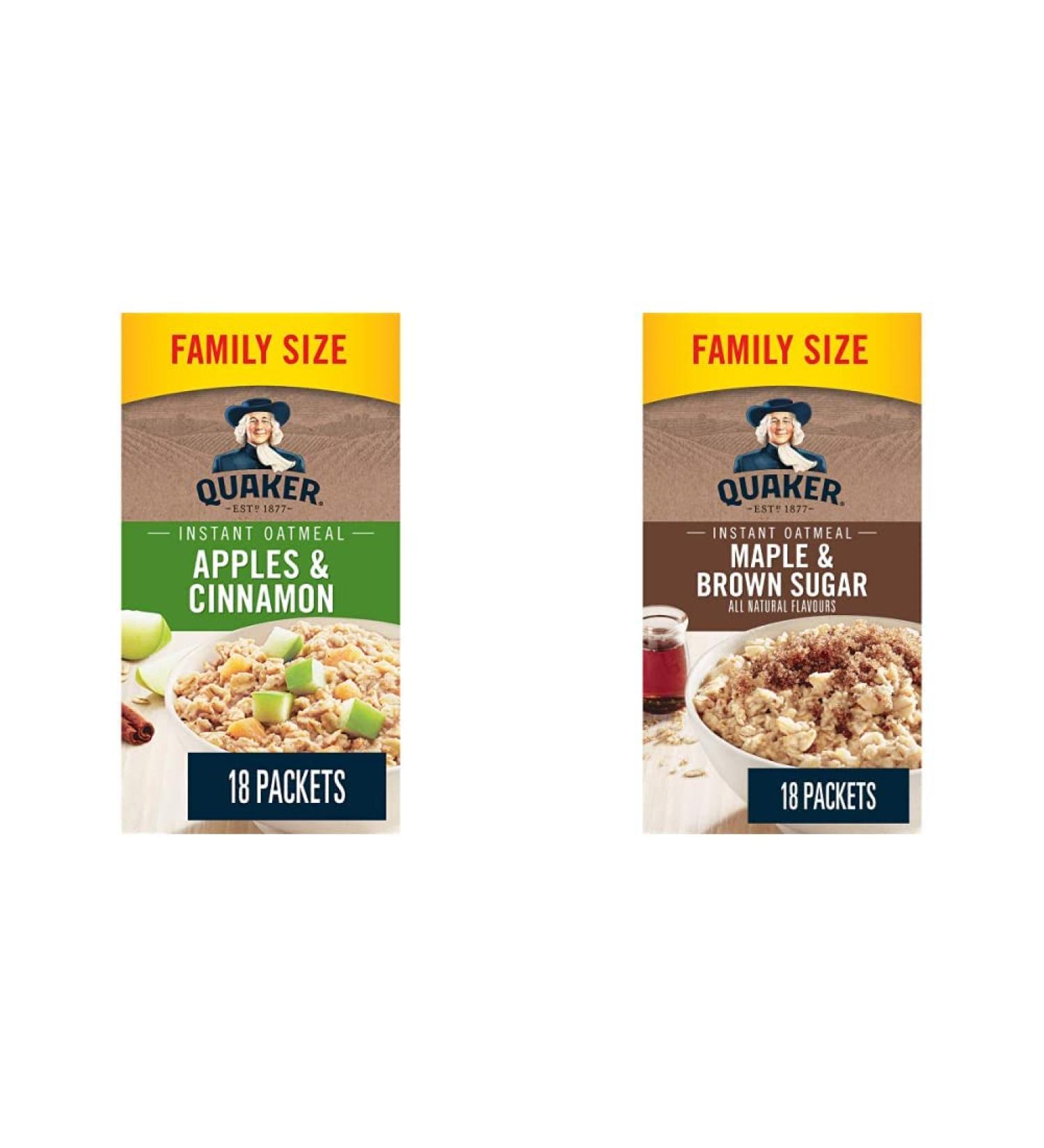 QUAKER Apples & Cinnamon Family Pack Instant Oatmeal (18 Packets x 33 g) 594g with Maple & Brown Sugar Family Pack Instant Oatmeal (18 Packets x 43 g) 774g