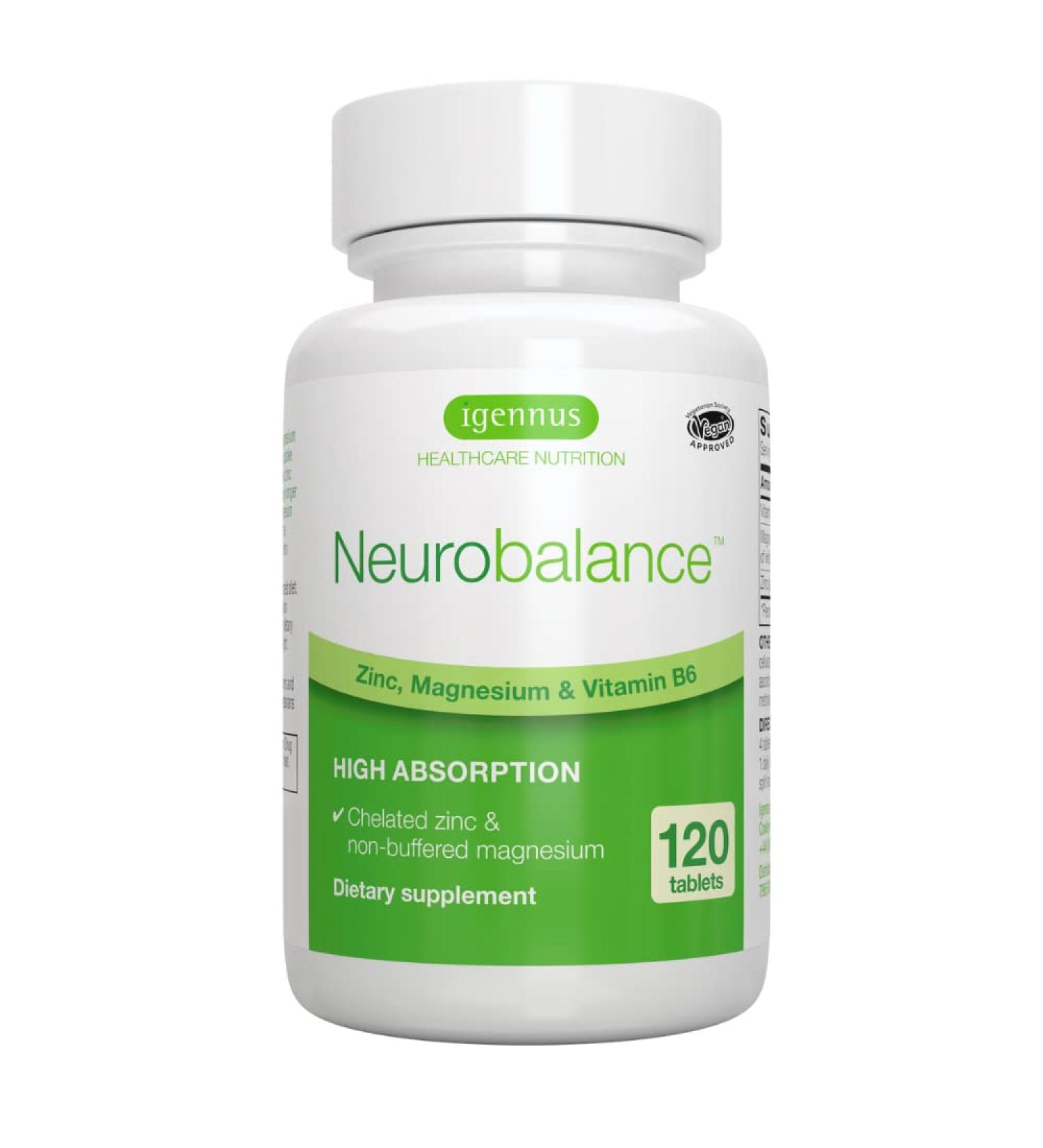 Neurobalance Zinc Magnesium B6 Supplement 120 Tablets | High Absorption Chelated Zinc Picolinate 24mg, Oxide-Free Magnesium & Vitamin B6 for Brain, Immune Support, Sleep & Muscle Recovery by Igennus - Buy Online on GoSupps.com
