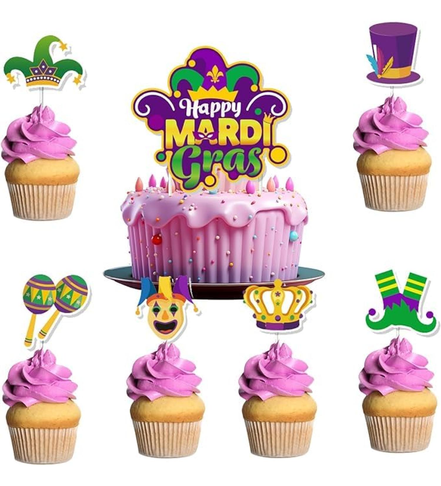 WRBAJIS Mardi Gras Cupcake Toppers Masquerade Mask Clown Cake Toppers for Dessert Birthday Cake Decorations Carnival Party Supplies Purple Green Gold 16pcs - Buy Online on GoSupps.com
