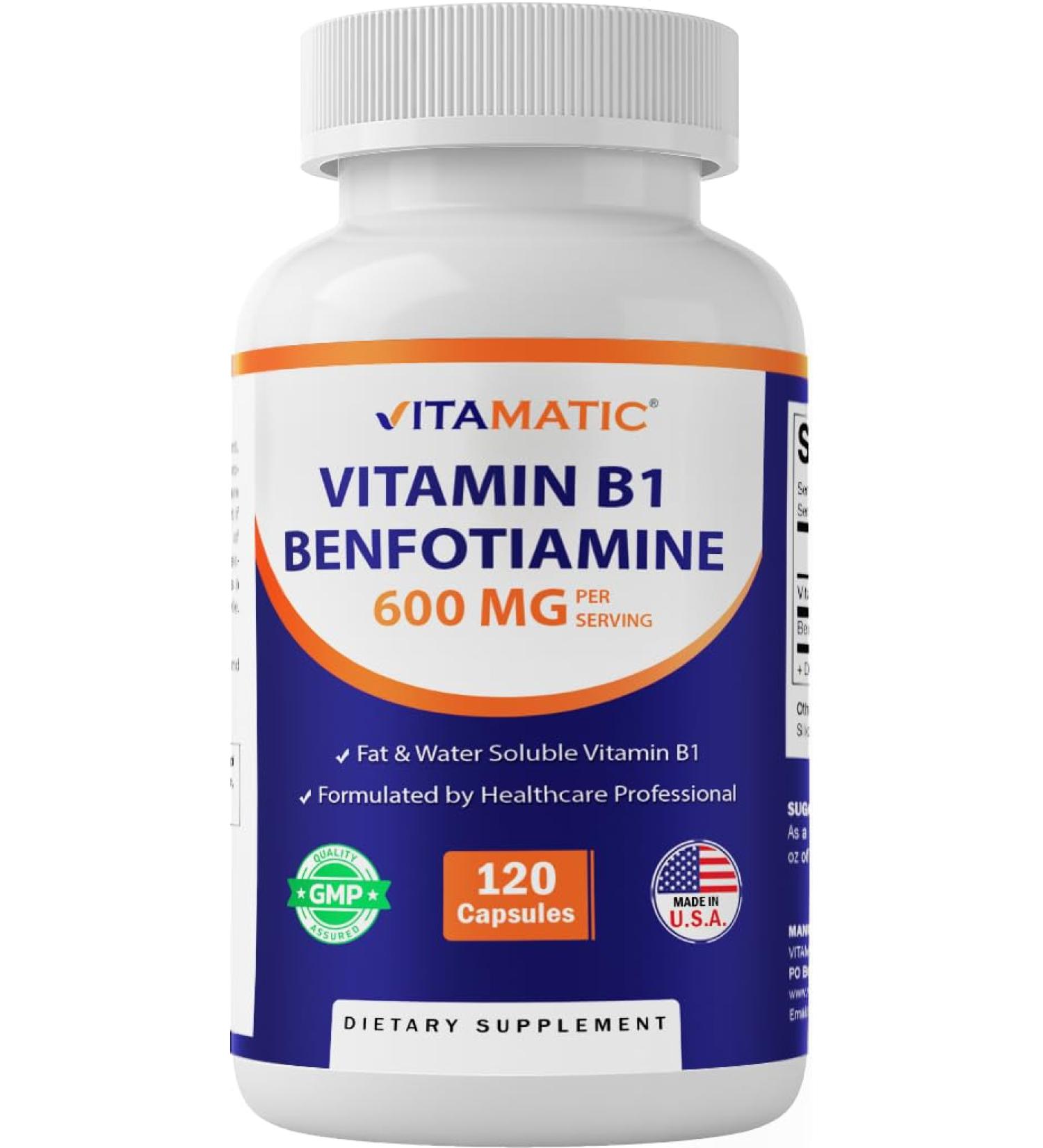 Vitamatic Benfotiamine 300mg + Vitamin B1 300 mg - 120 Vegetable Capsules - Made in The USA - Gluten Free - Non-GMO - Buy Online on GoSupps.com