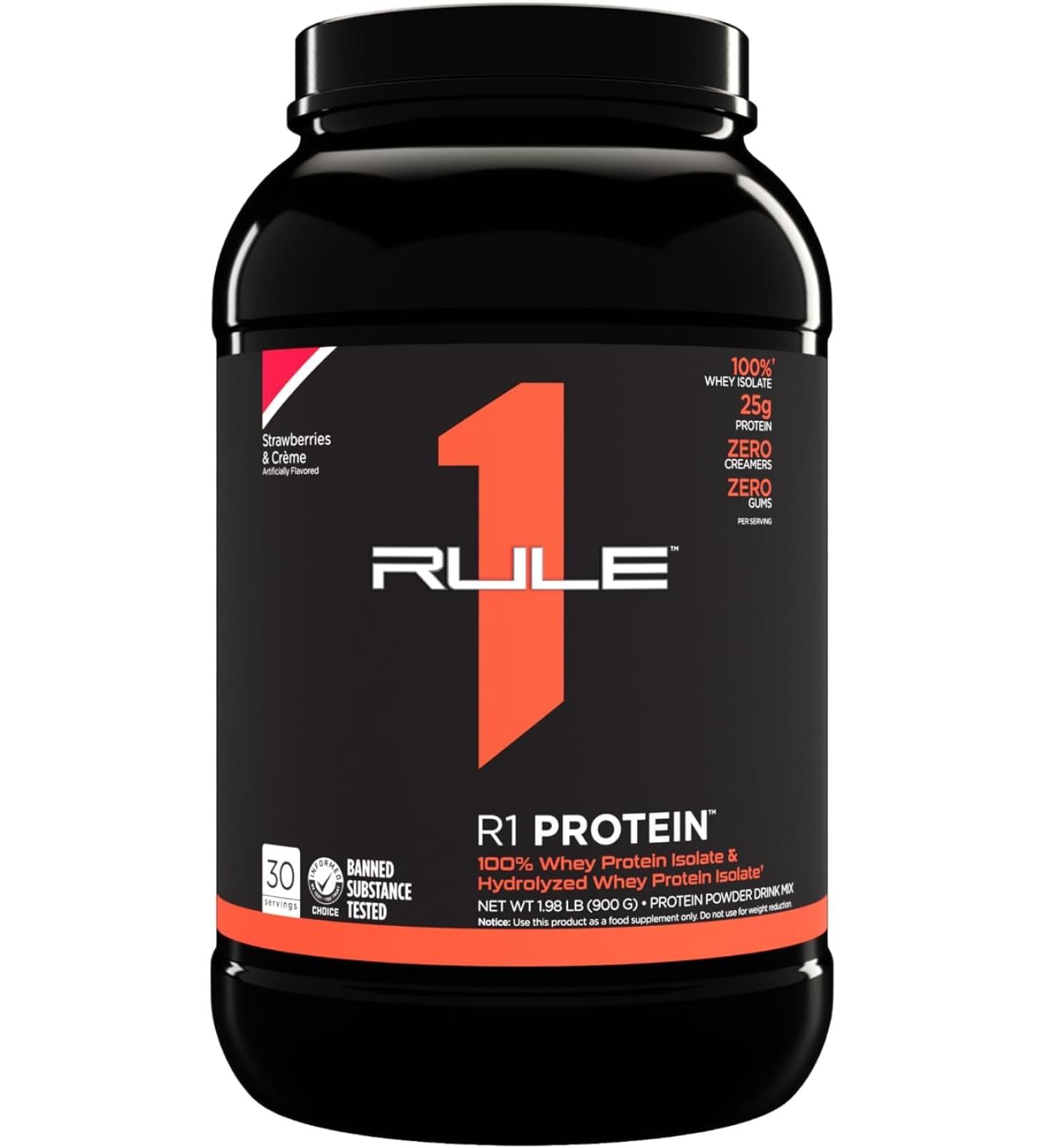 Rule 1 Protein | Super-Pure 100% Whey Isolate & Fast-Acting Whey Hydrolysate | 25 Grams Protein 4 Grams Glutamine & 6 Grams BCAAs Per Serving (2LB Strawberries & Creme) Strawberries & Creme 2LB - Buy Online on GoSupps.com