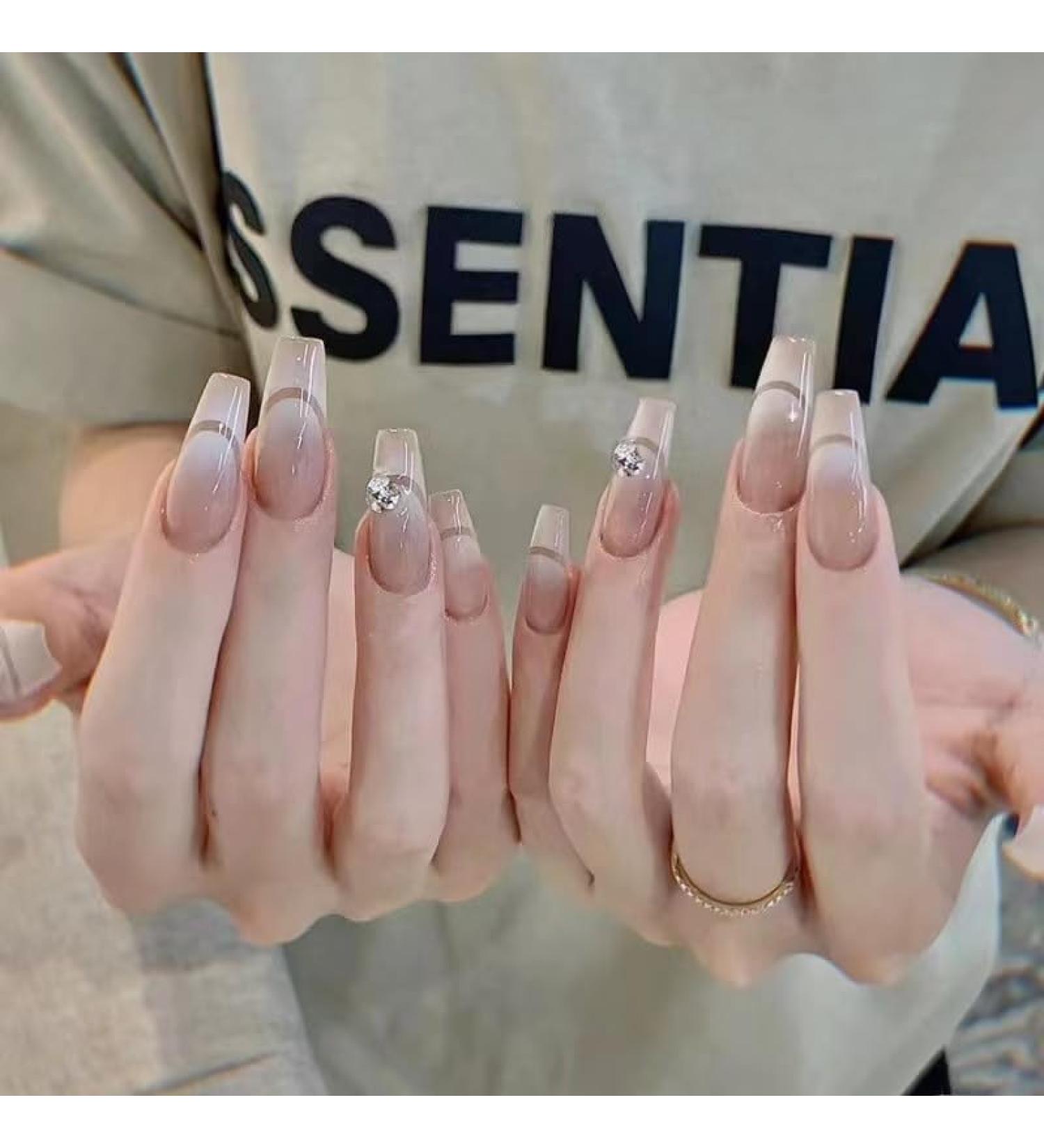 MENILITHS 24Pcs/Set Press On Nails French Style Long Ballet with Rhinestones False Nails Acrylic Fake Nails Full Cover Nails Tips Artificial Finger Manicure Press on nails for Women and Girls - Buy Online on GoSupps.com